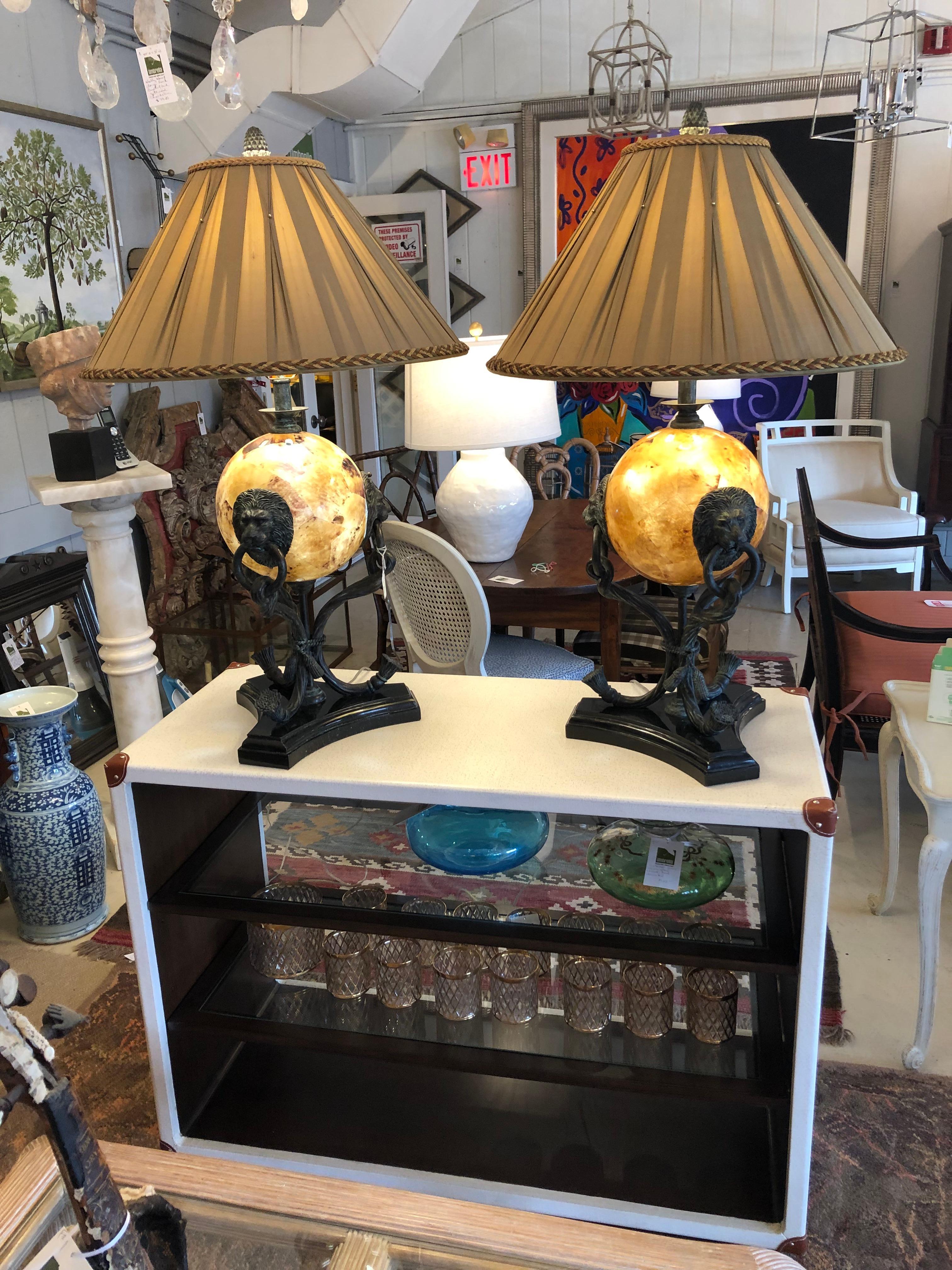 Neoclassical Palatial Pair of Maitland Smith Bronze Table Lamps with Illuminated Orbs For Sale