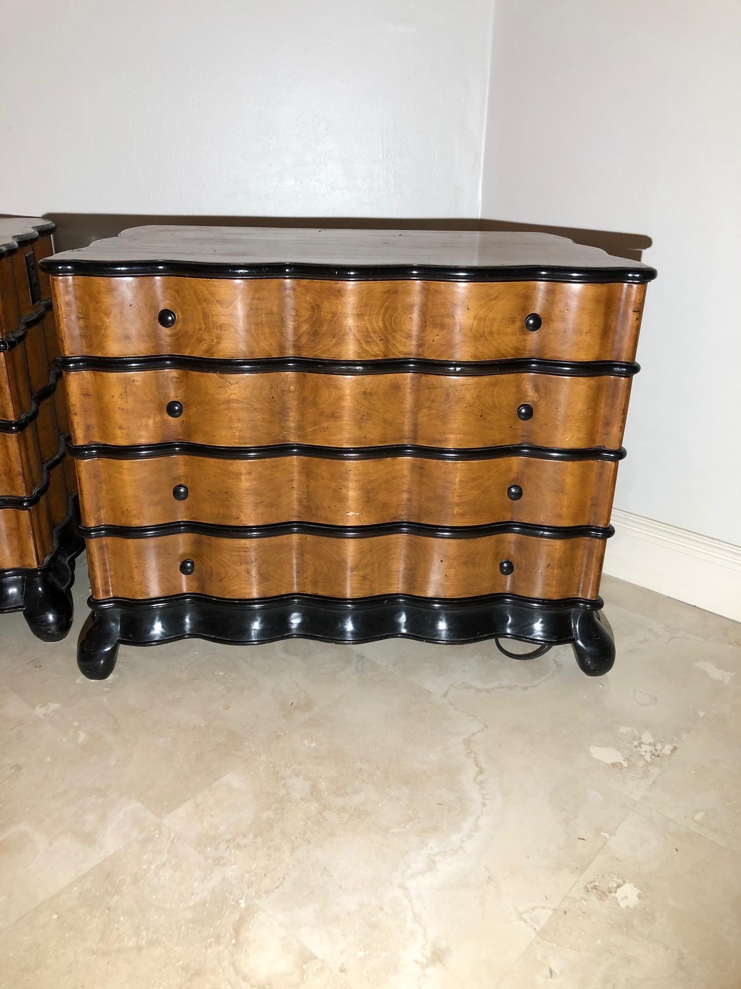 Palatial Pair of Walnut and Ebony Art Deco Bombe Commodes Chest of Drawers 6