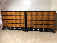 Palatial Pair of Walnut and Ebony Art Deco Bombe Commodes Chest of Drawers