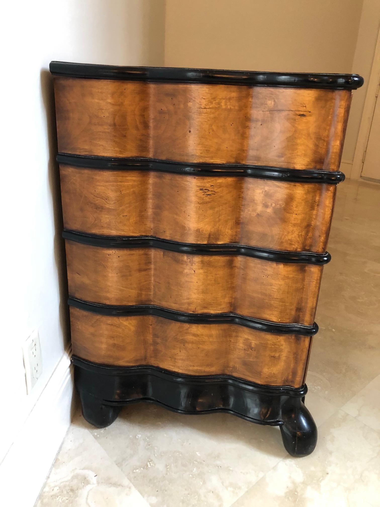 Contemporary Palatial Pair of Walnut and Ebony Art Deco Bombe Commodes Chest of Drawers