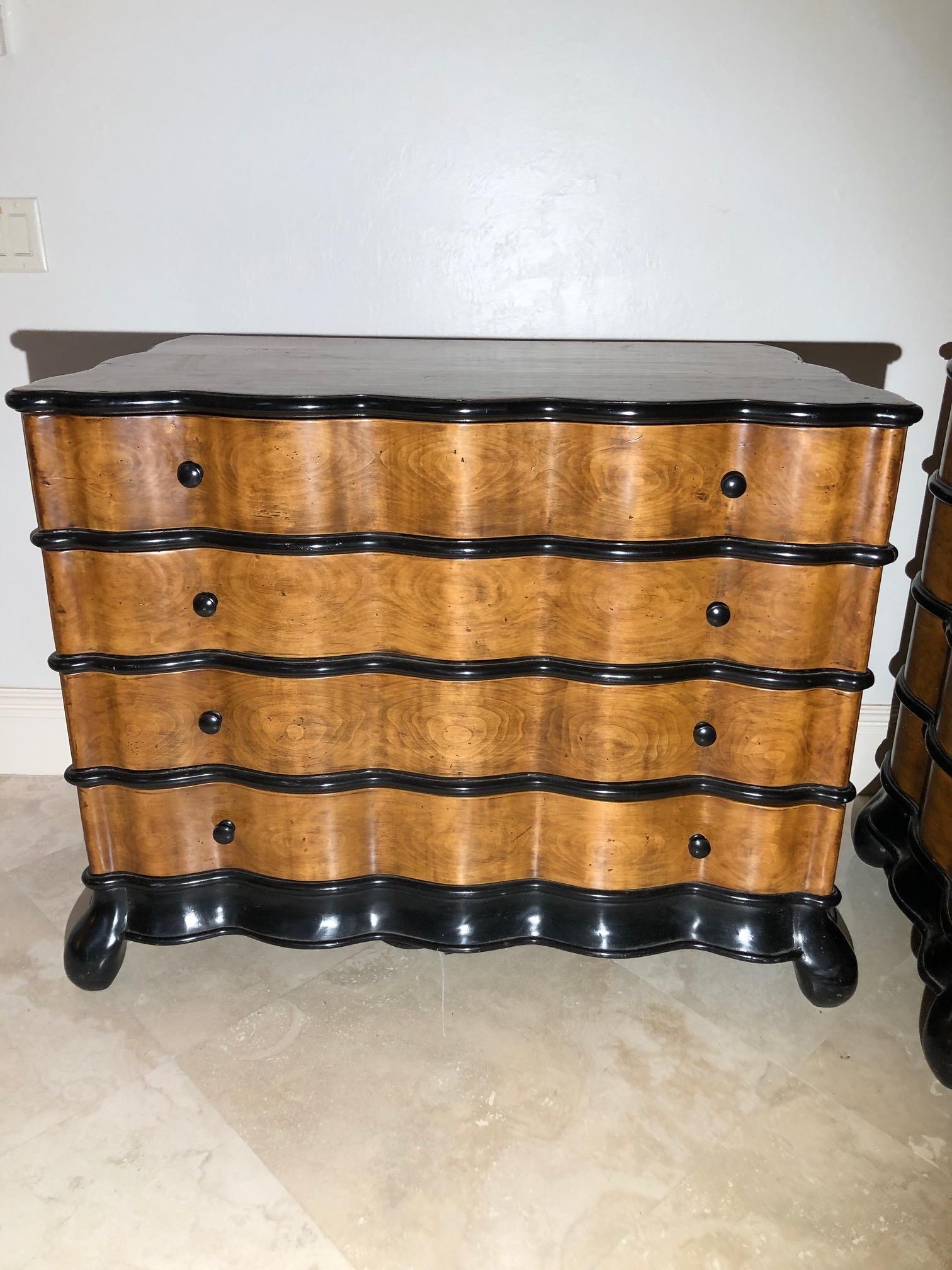 Palatial Pair of Walnut and Ebony Art Deco Bombe Commodes Chest of Drawers 4