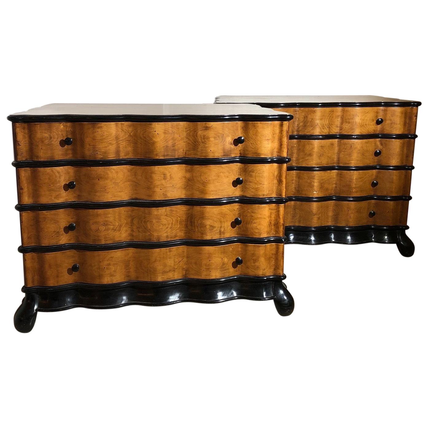Palatial Pair of Walnut and Ebony Art Deco Bombe Commodes Chest of Drawers