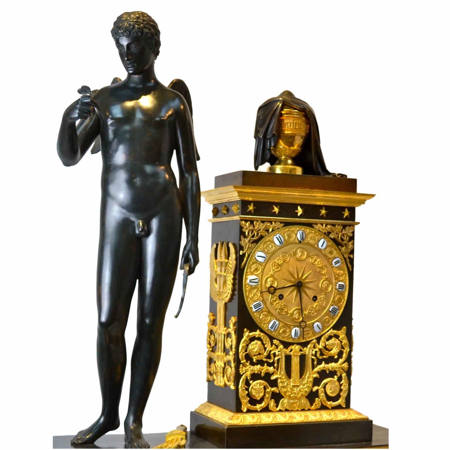 French Empire Gilt and Patinated Bronze Figurative Clock of Cupid and Eurydice  For Sale 1