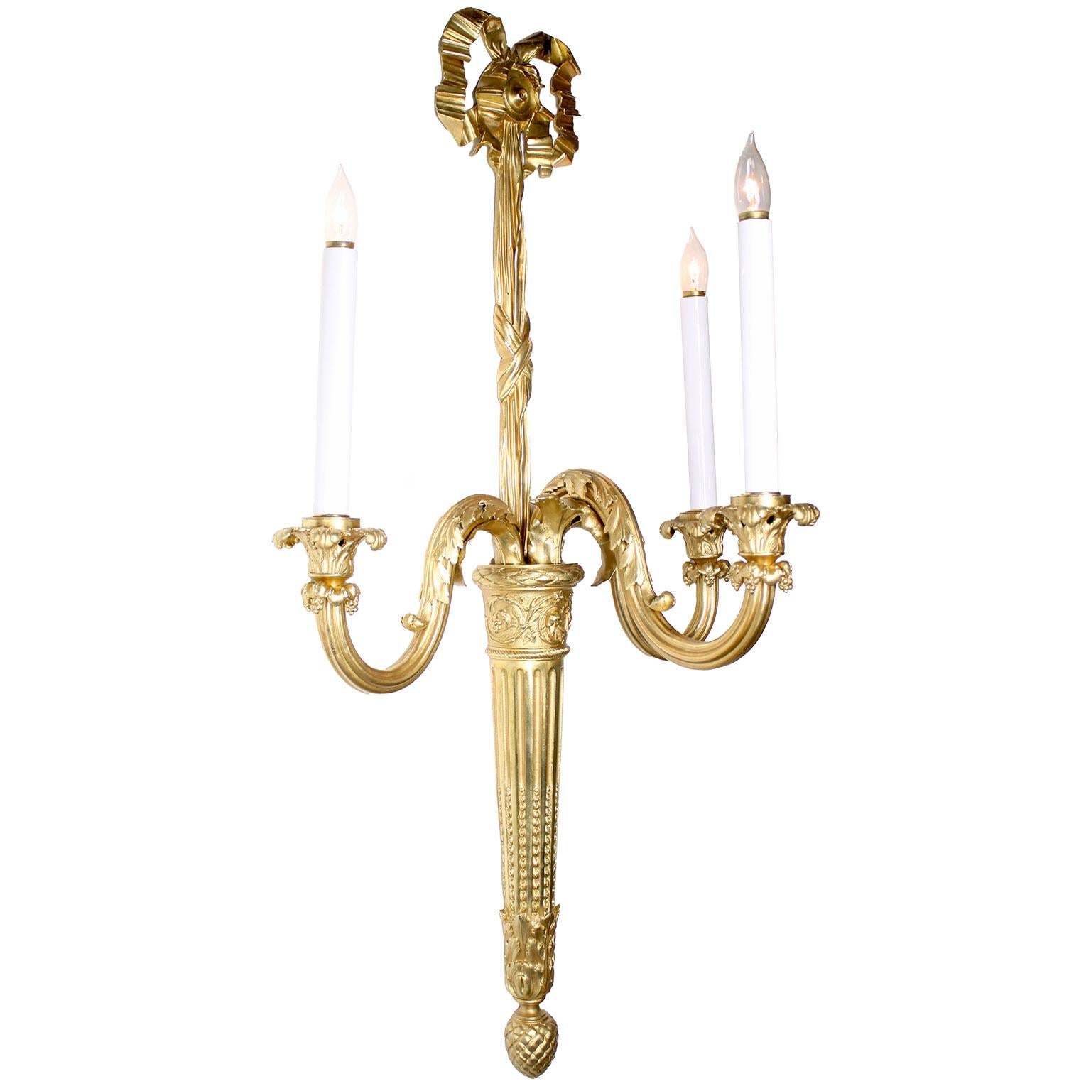 Neoclassical Palatial Set of Four French 19thCentury Louis XVI Style Gilt-Bronze Wall-Lights For Sale