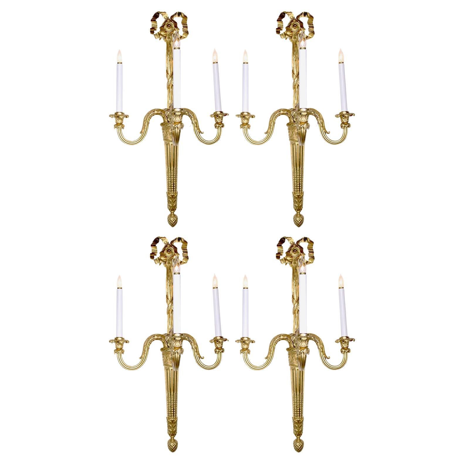 Palatial Set of Four French 19thCentury Louis XVI Style Gilt-Bronze Wall-Lights