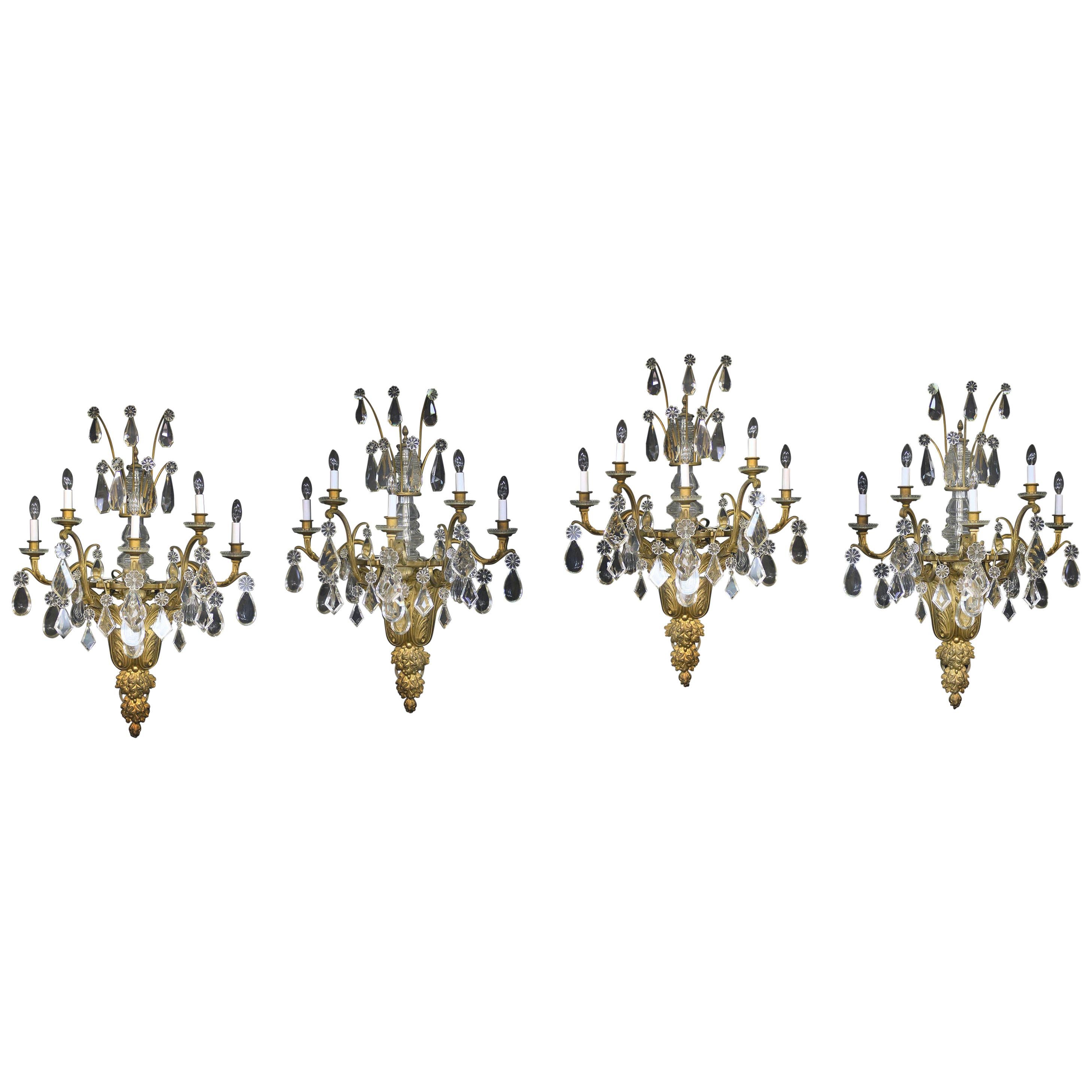 Palatial Set of Four Late 19th Century Gilt Bronze and Baccarat Crystal Sconces