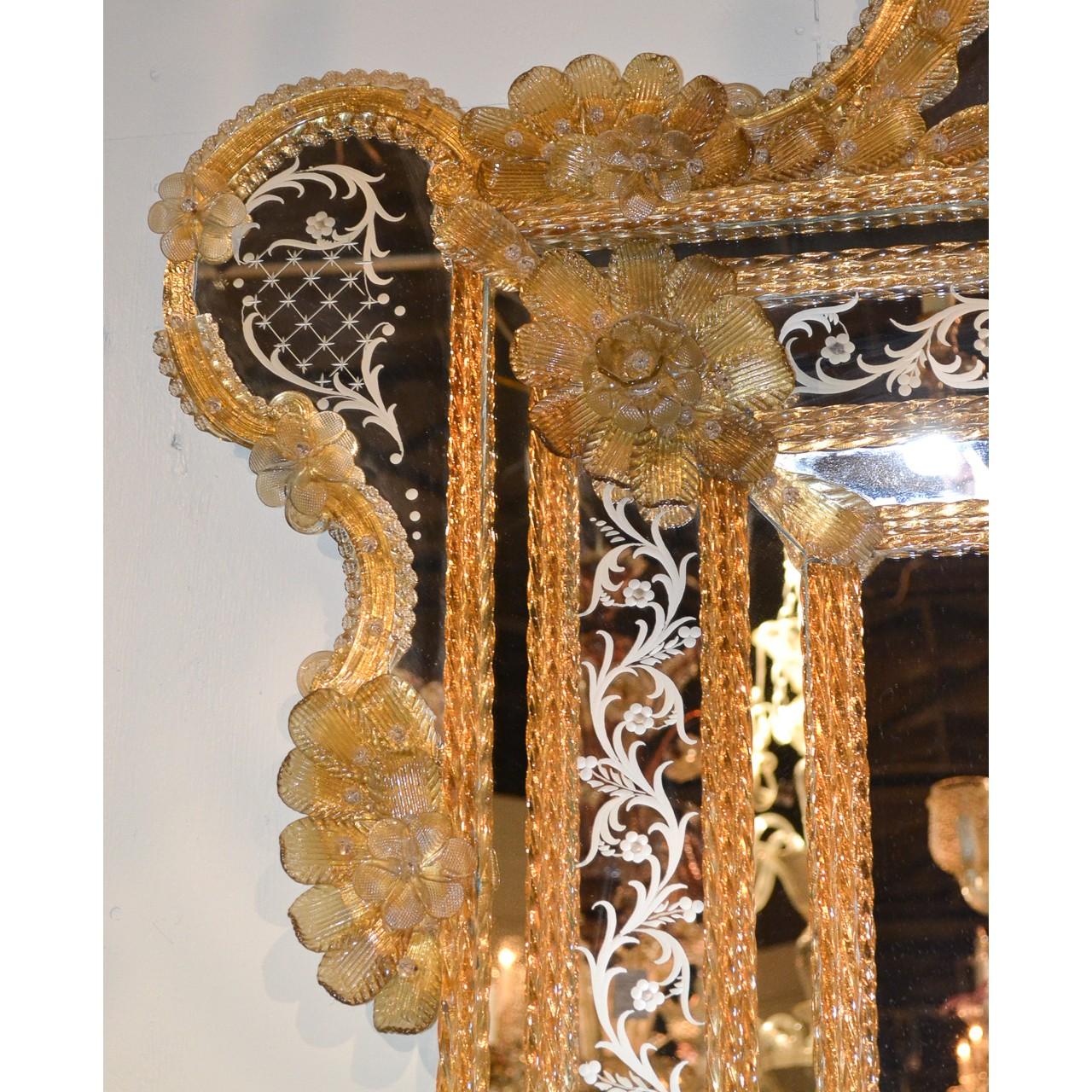 Italian Palatial Venetian Etched Glass Cushion Mirror, circa 1930