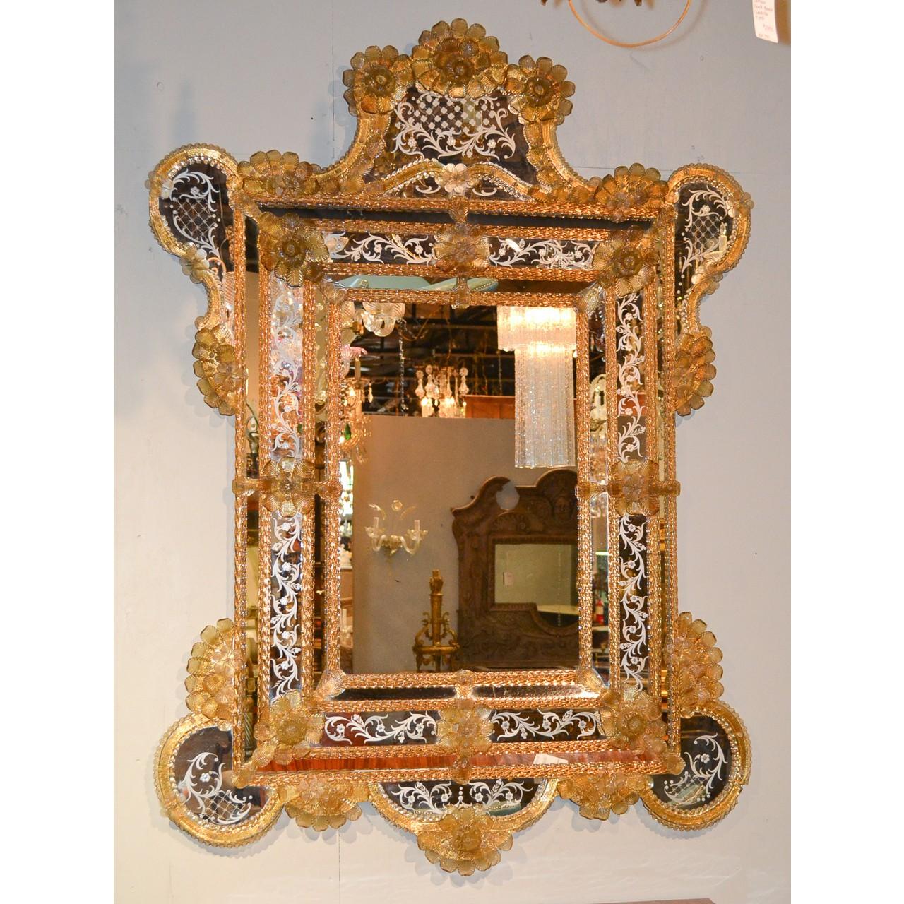 Dyed Palatial Venetian Etched Glass Cushion Mirror, circa 1930