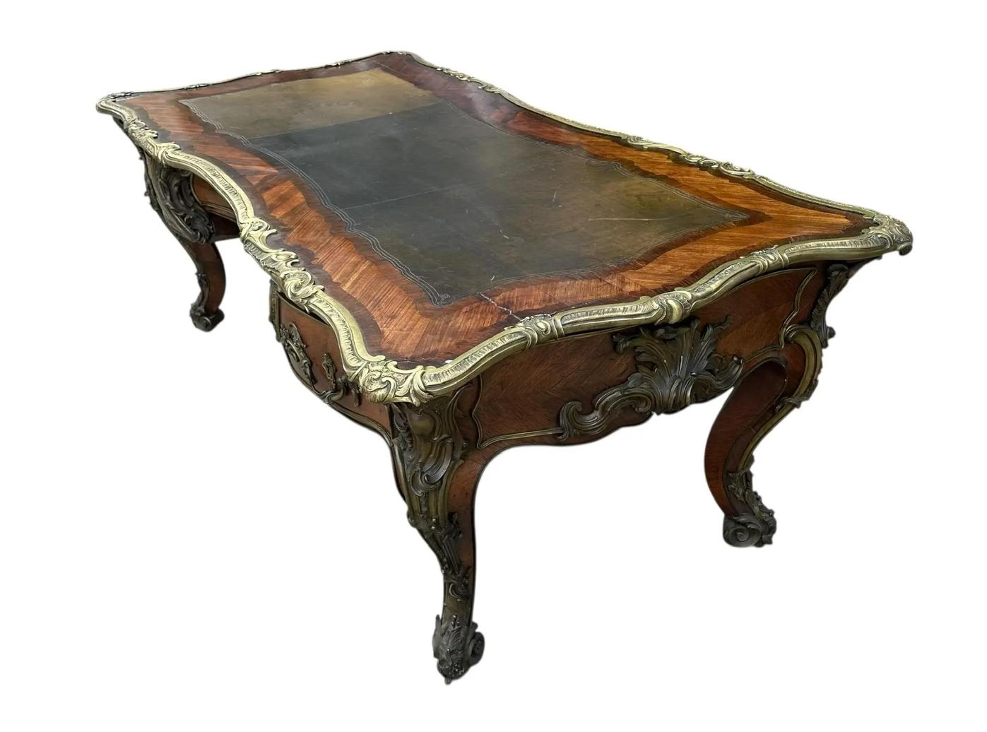 British Palatial Victorian Gilt-Bronze Mounted Bureau Plat Partner’s Desk
