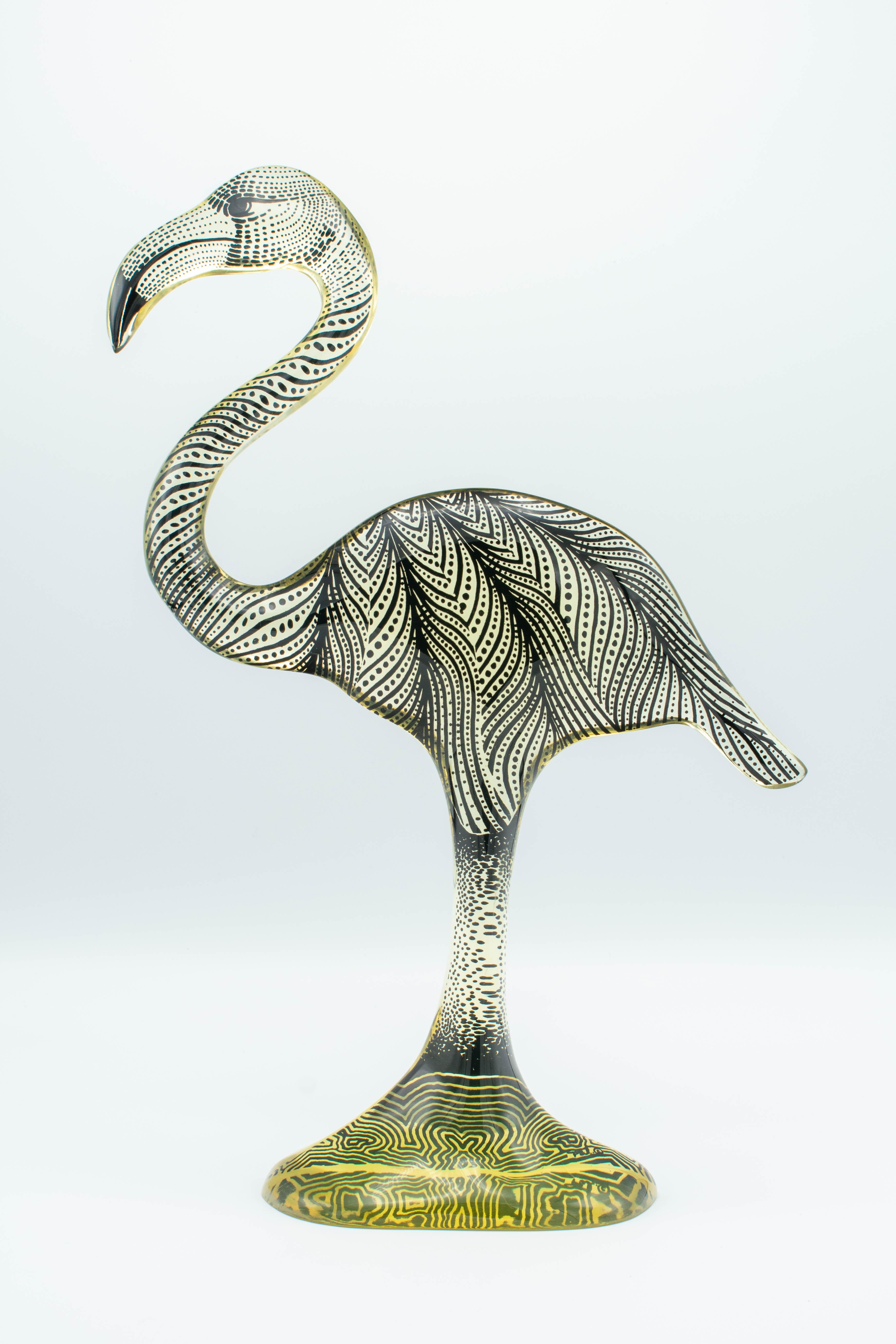 A Mid-Century Modern Lucite Op Art flamingo designed by Abraham Palatnik. Remnant of original label on bottom: Made in Brasil. Abraham Palatnik (born in 1928) is a Brazilian artist and inventor whose innovations include kinechromatic art. Part of