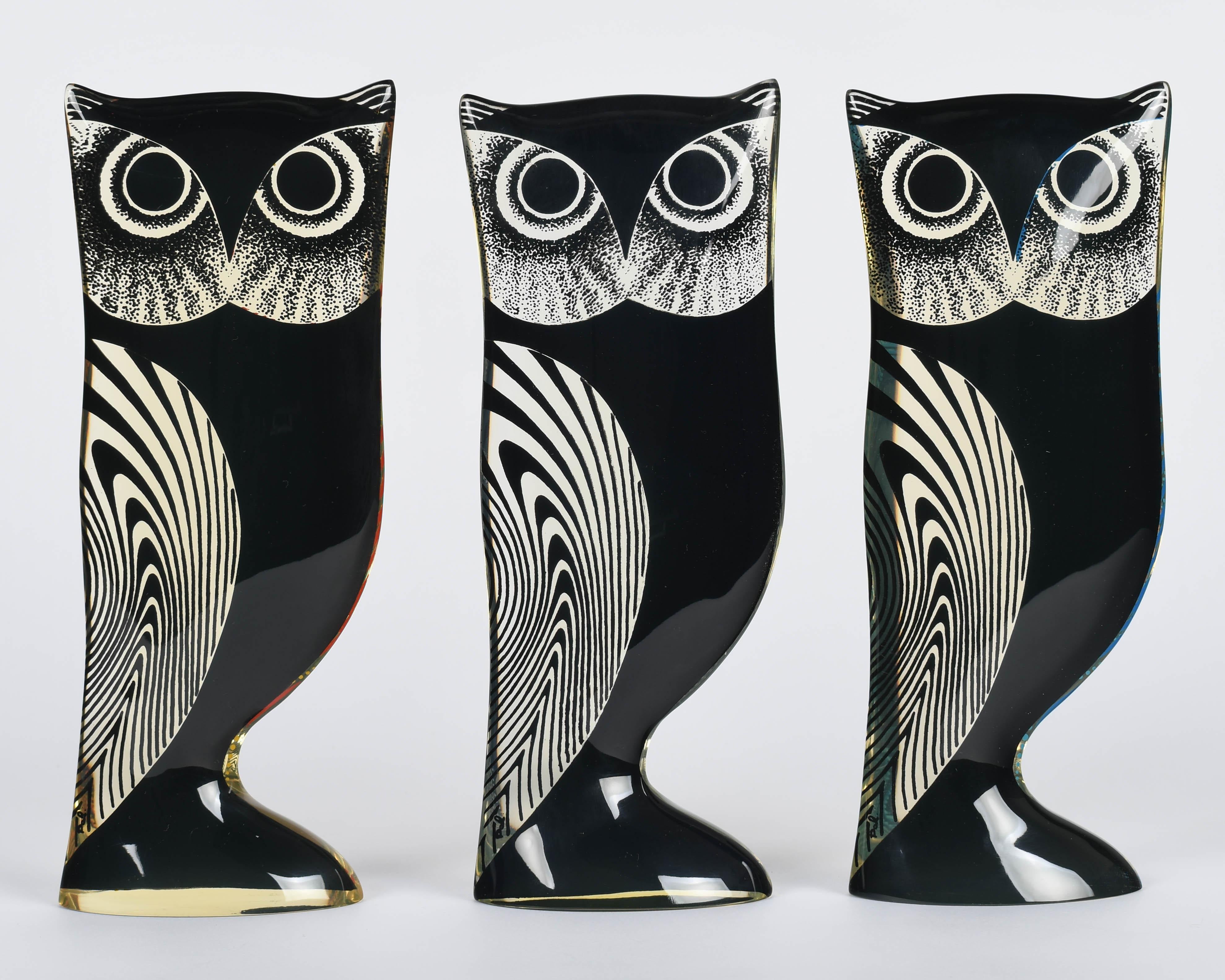 Brasiliano Palatnik Op Art Lucite Owls Set di 3 in vendita