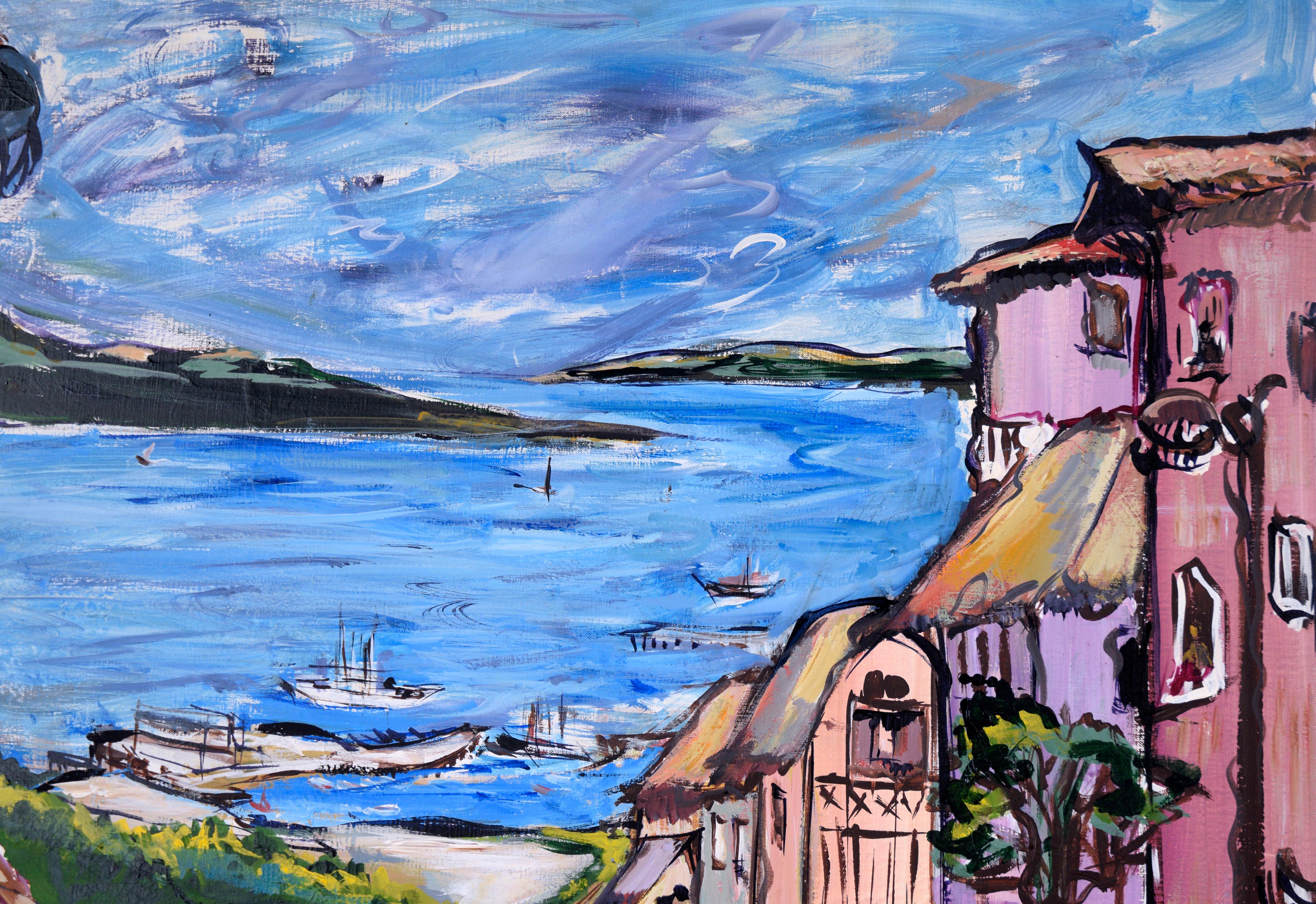 Old town on the Bay in Baja Mexico Original Oil painting on Linen by Palavicini  For Sale 2
