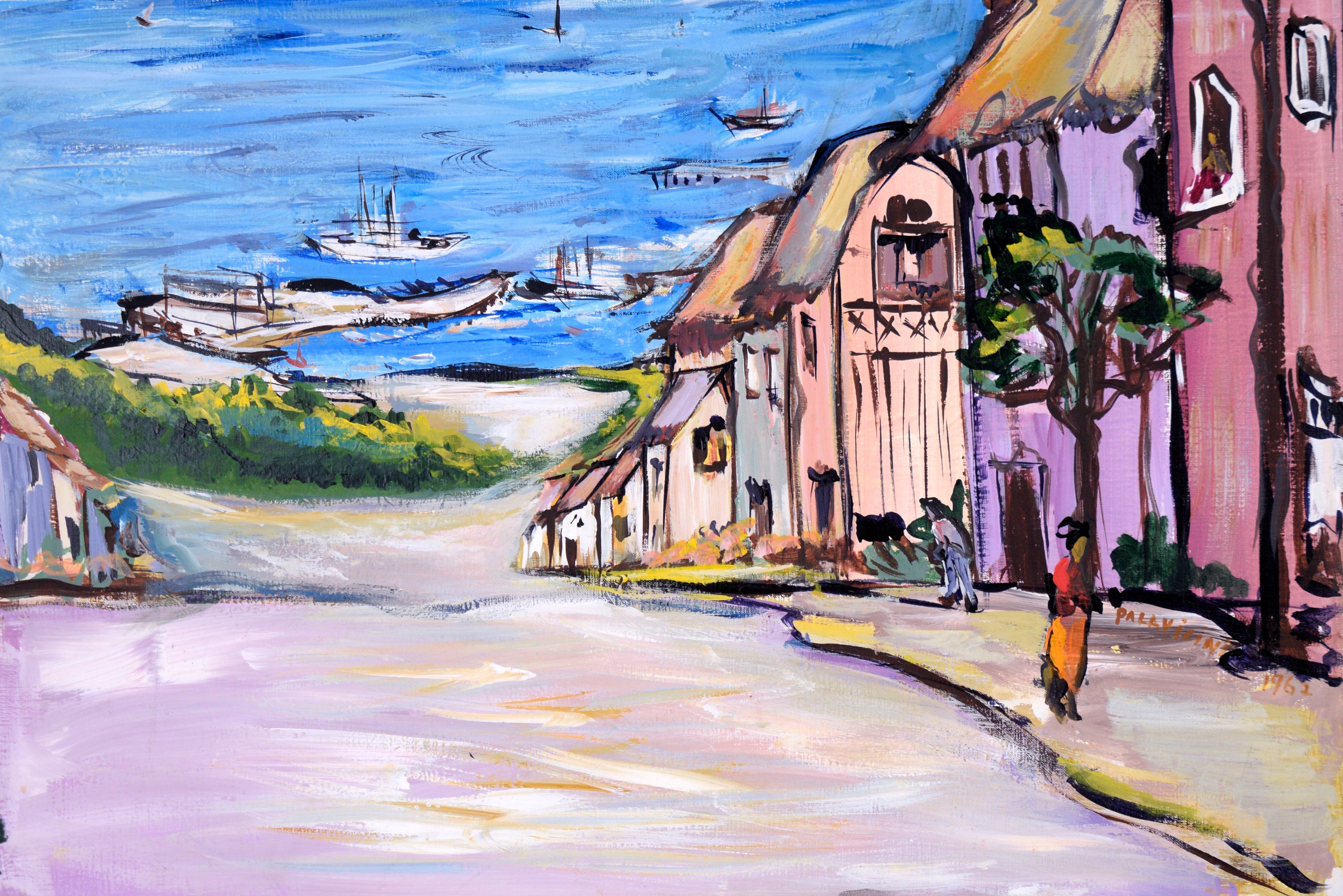 Old town on the Bay in Baja Mexico Original Oil painting on Linen by Palavicini  For Sale 3