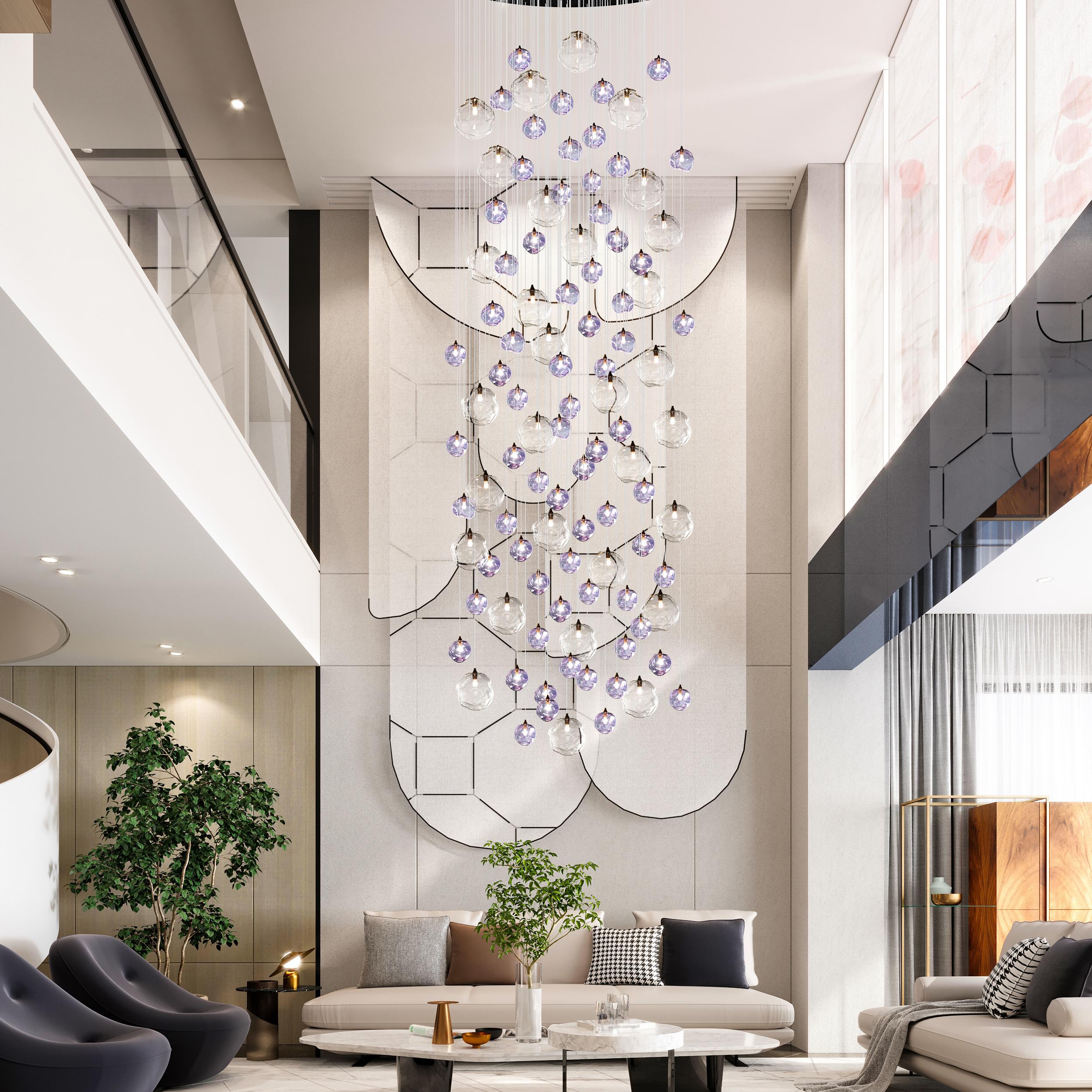 The Palazzo Ametista long chandelier is handcrafted with the outmost artistry and attention to detail. This handcrafted extra-long chandelier is ideal for large spaces with high ceilings, a multi-story foyer or as a stairwell illumination piece.