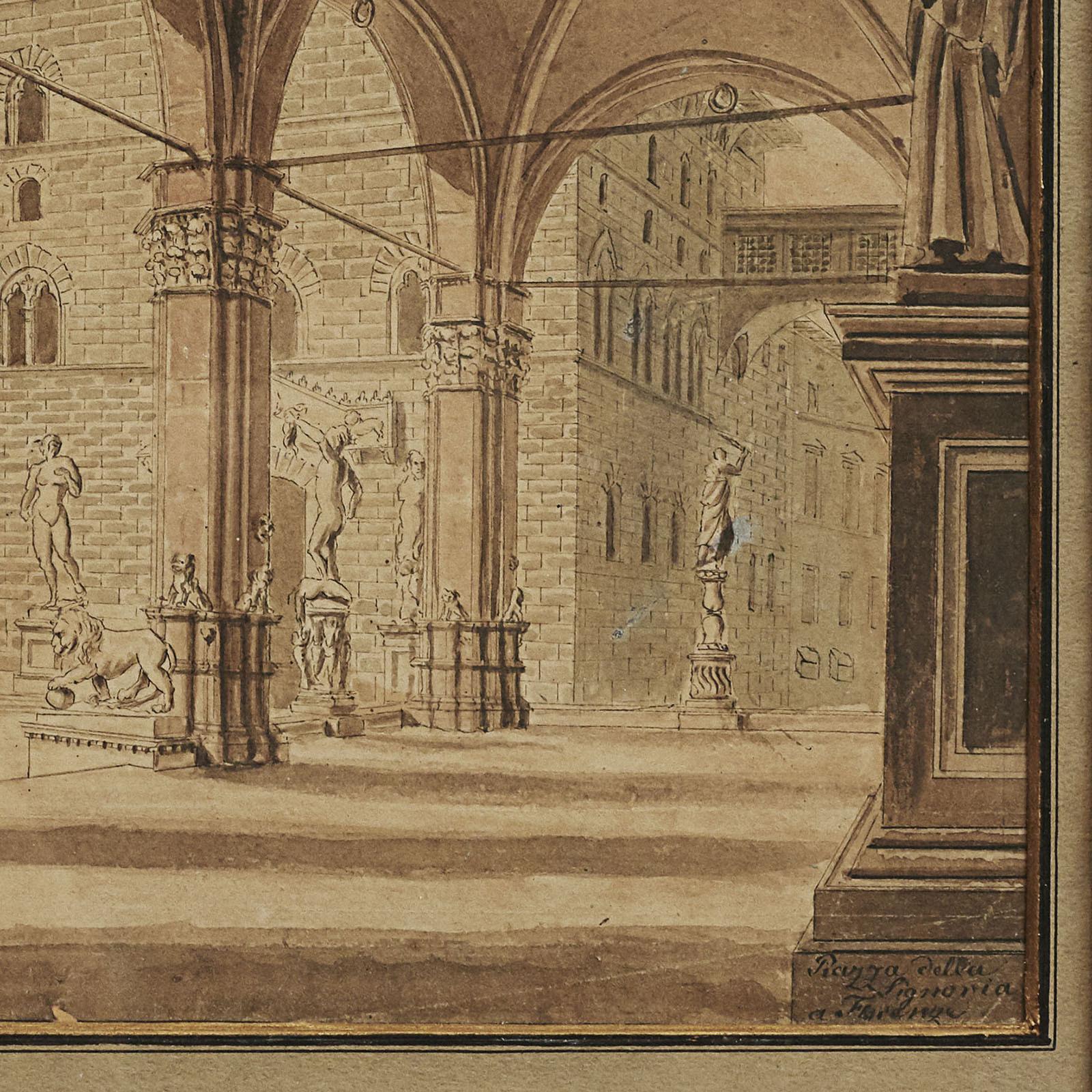 P. Gynther. Watercolor on paper. Motive: Palazzo della Signoria, Florence. Signed P. Gynther, 1822.