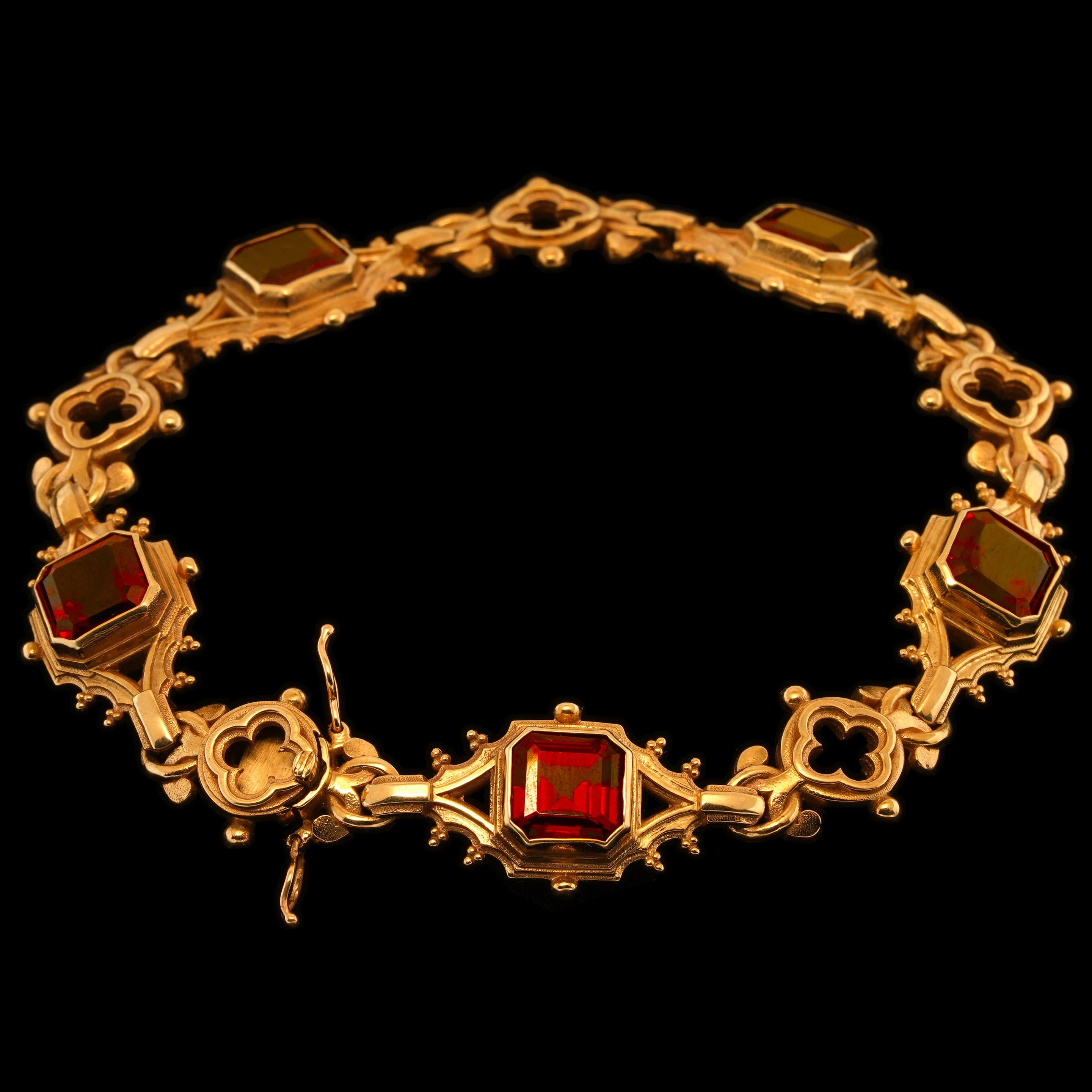 Asscher Cut Garnet & 9k Yellow Gold Antique Style Box Clasp Gothic Link Bracelet For Sale 1