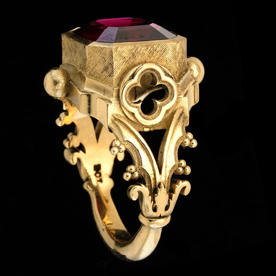 Asscher Cut Garnet & 9k Yellow Gold Antique Style Gothic Signet Ring For Sale 3