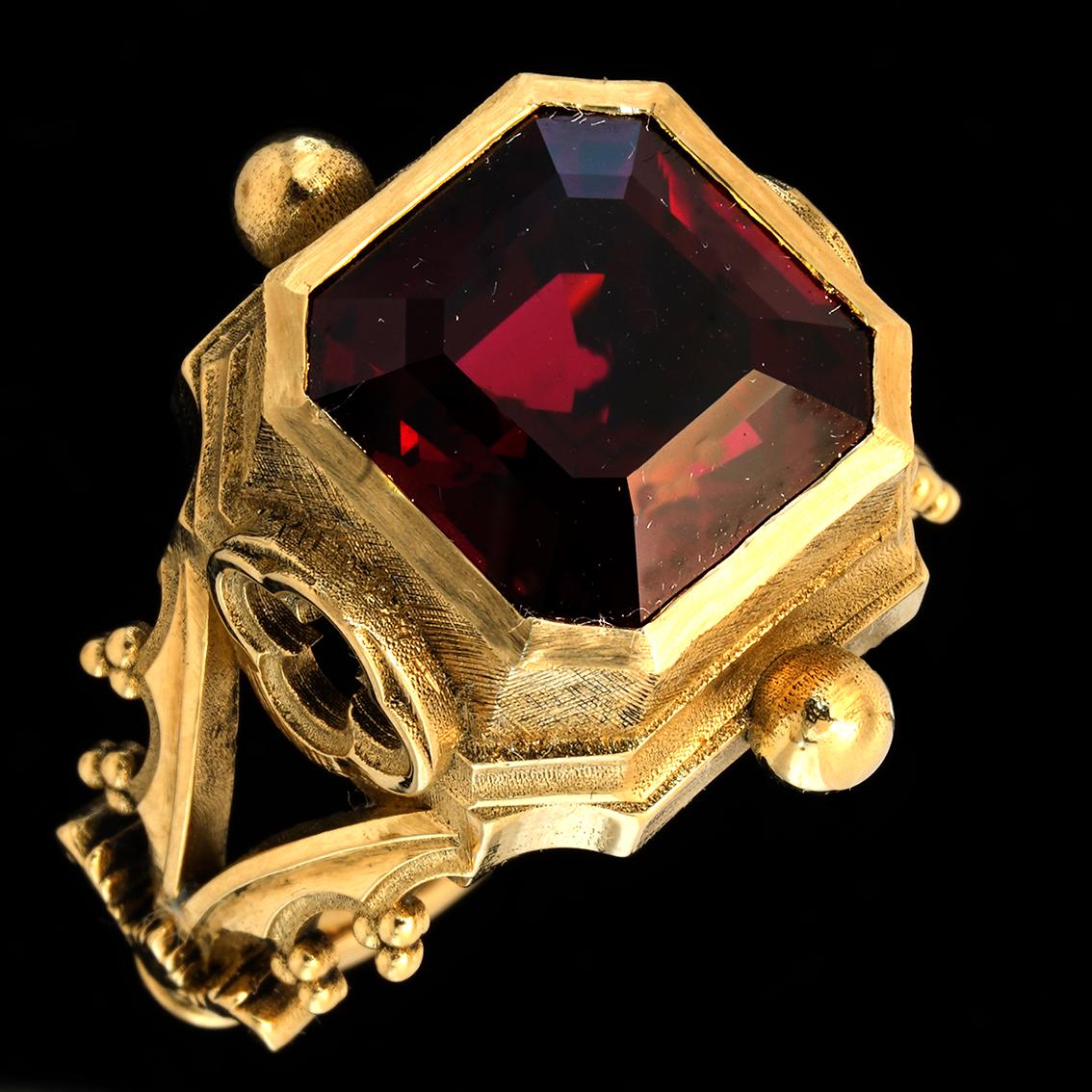 Asscher Cut Garnet & 9k Yellow Gold Antique Style Gothic Signet Ring For Sale 5