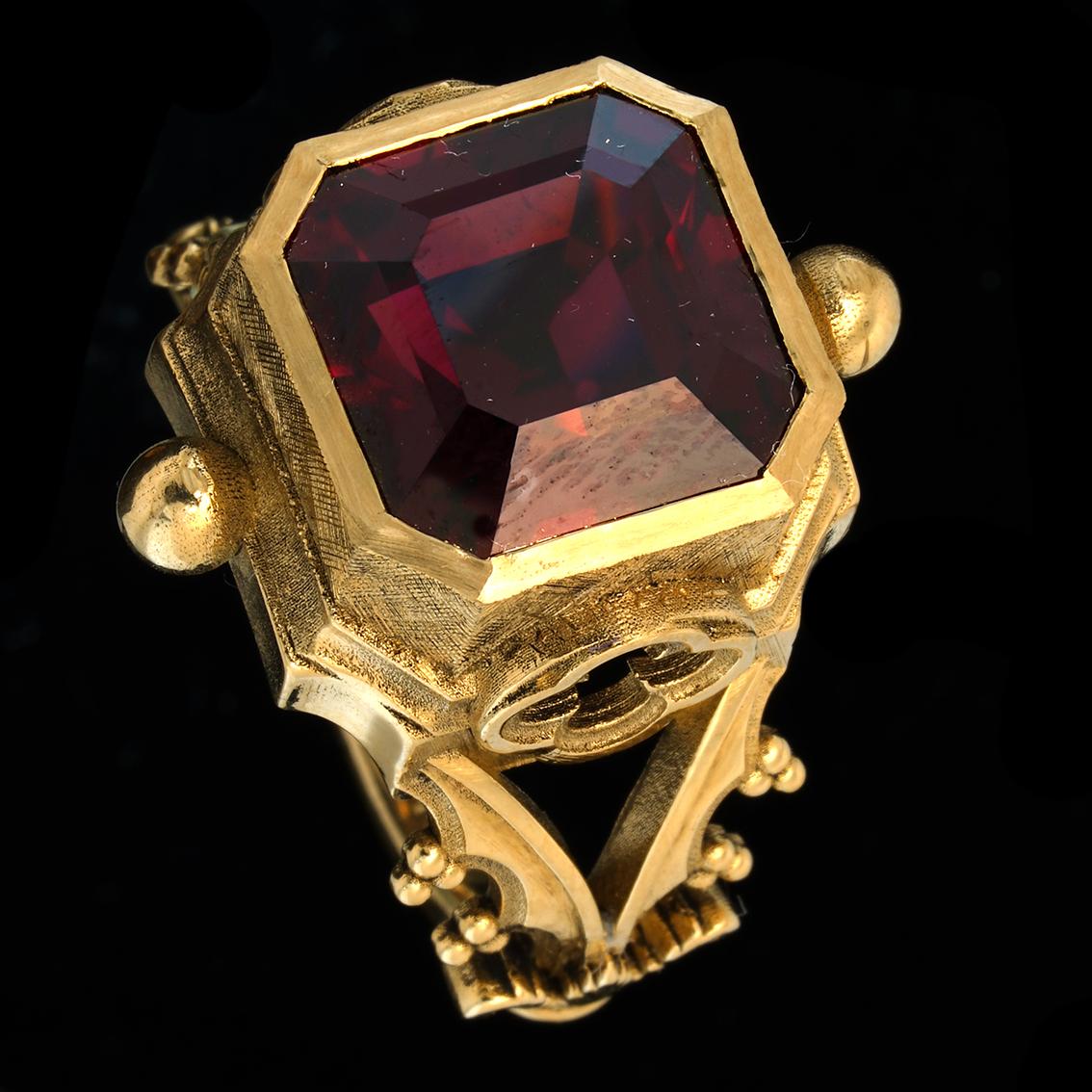 Asscher Cut Garnet & 9k Yellow Gold Antique Style Gothic Signet Ring For Sale 6