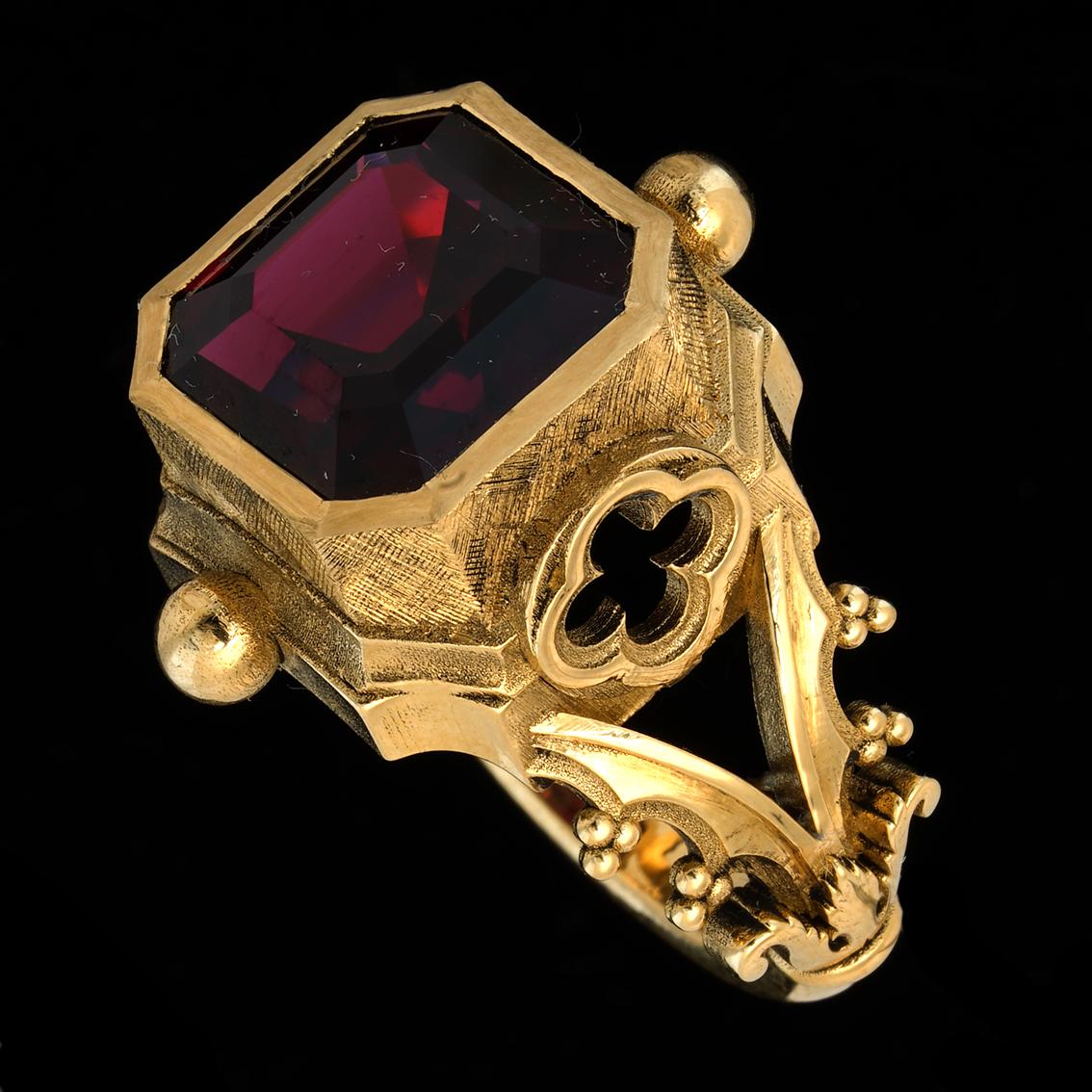 Asscher Cut Garnet & 9k Yellow Gold Antique Style Gothic Signet Ring For Sale 7