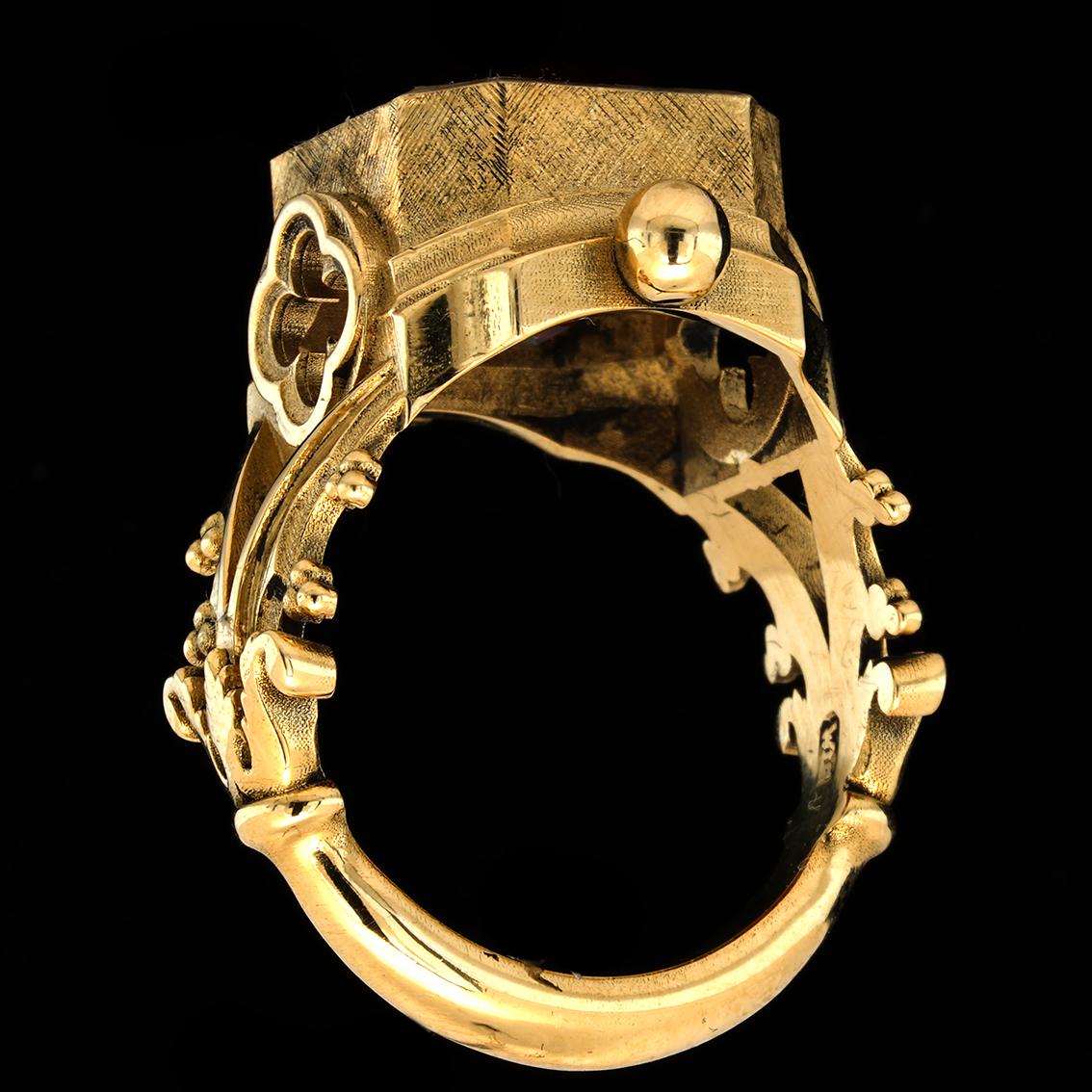 Asscher Cut Garnet & 9k Yellow Gold Antique Style Gothic Signet Ring For Sale 9