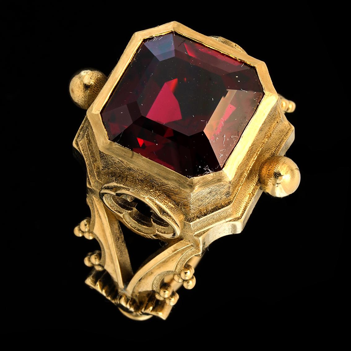 Asscher Cut Garnet & 9k Yellow Gold Antique Style Gothic Signet Ring For Sale 10