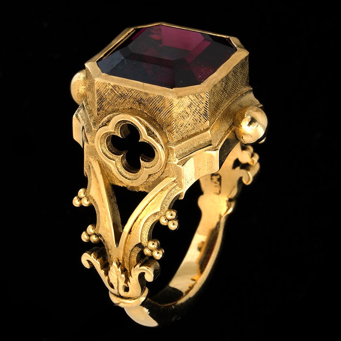 Asscher Cut Garnet & 9k Yellow Gold Antique Style Gothic Signet Ring For Sale 11