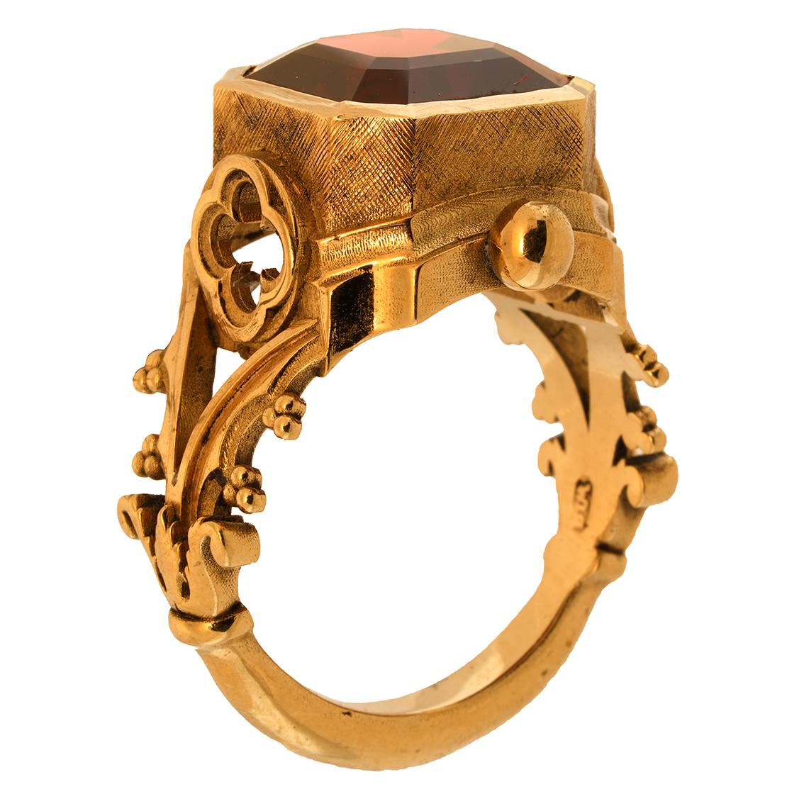 Women's or Men's Asscher Cut Garnet & 9k Yellow Gold Antique Style Gothic Signet Ring For Sale