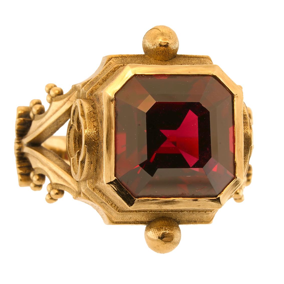 Asscher Cut Garnet & 9k Yellow Gold Antique Style Gothic Signet Ring For Sale 1