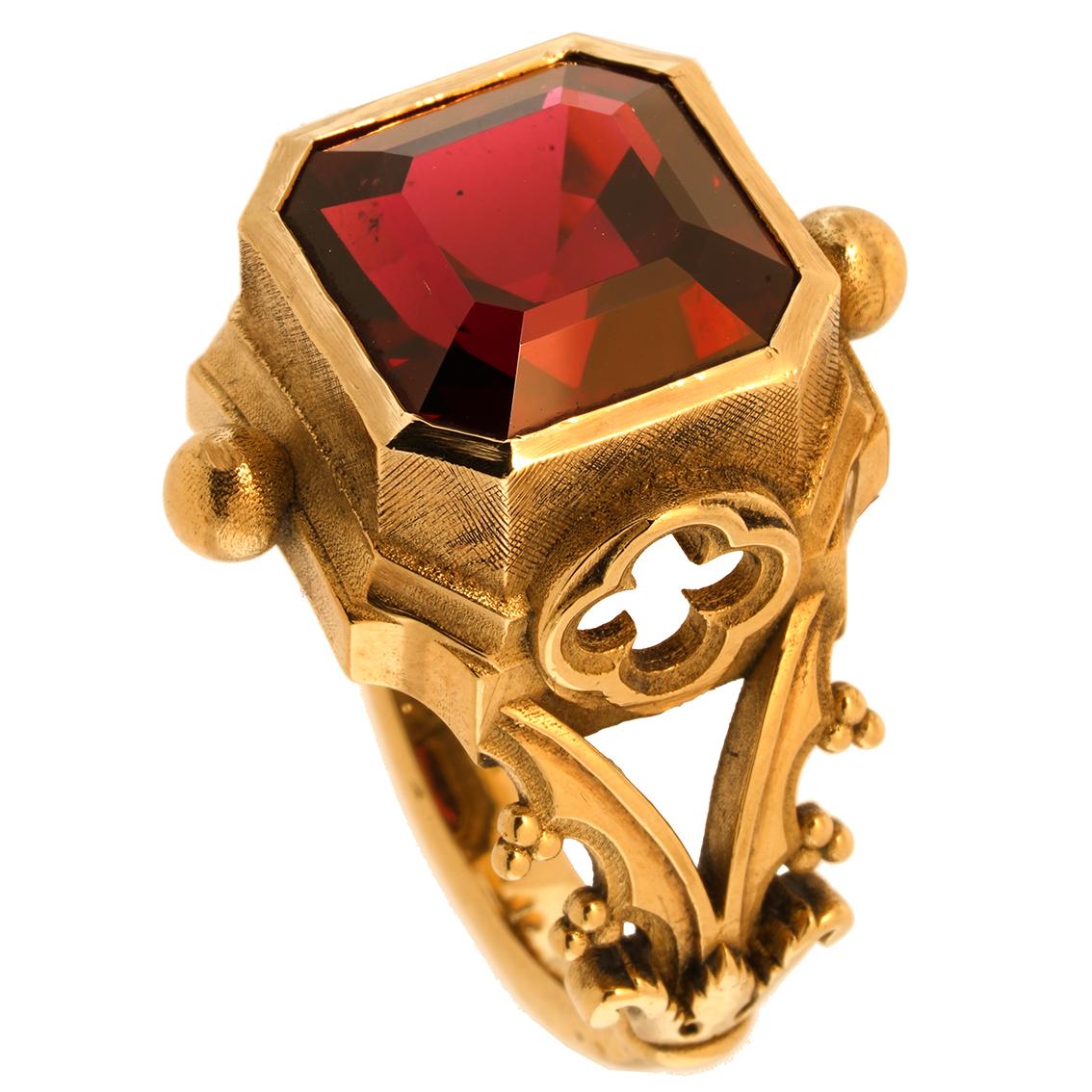 Asscher Cut Garnet & 9k Yellow Gold Antique Style Gothic Signet Ring For Sale 2