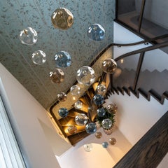 Palazzo Long Modern Chandelier 30 Art Glass Pendants in Clear, Amber and Blue.