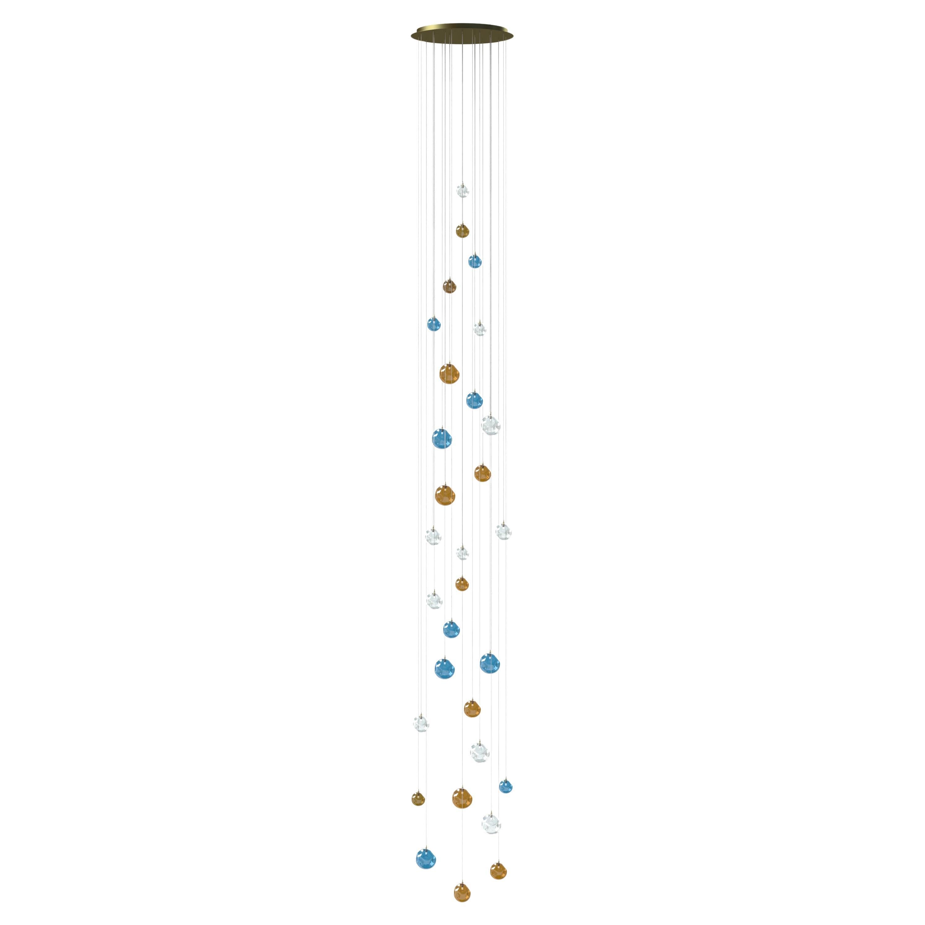 Palazzo Long Modern Chandelier 30 Art Glass Pendants in Clear, Amber and Blue. For Sale
