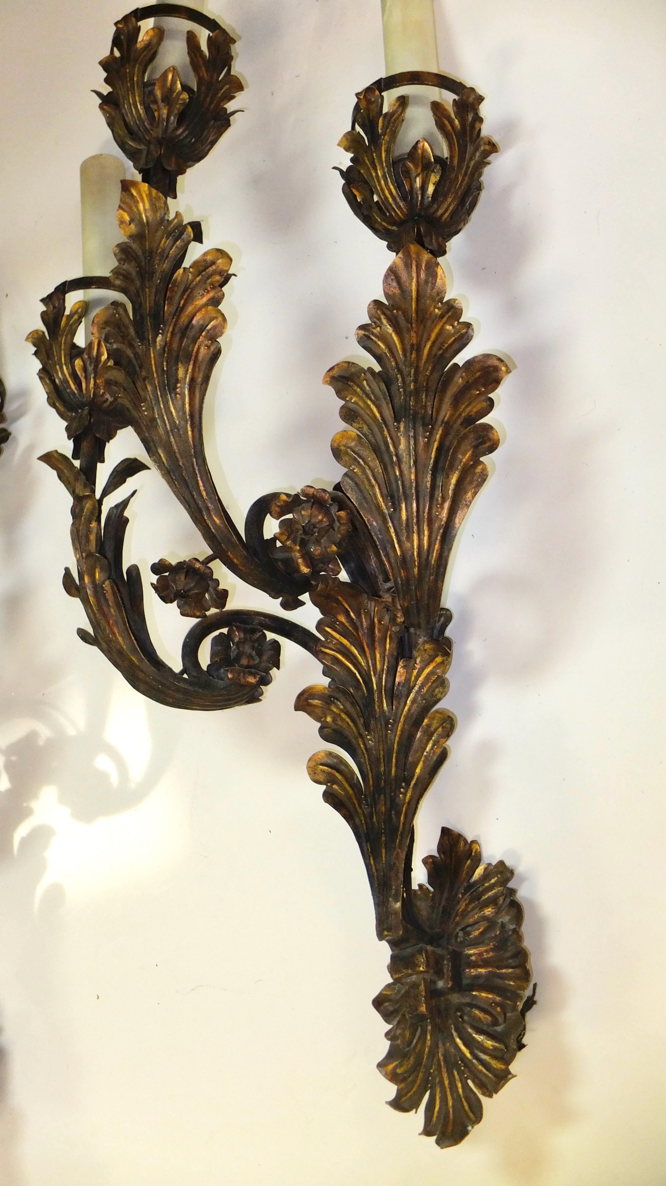 Edwardian Palazzo Scale Italian Tole Sconces with Acanthus Leaves For Sale