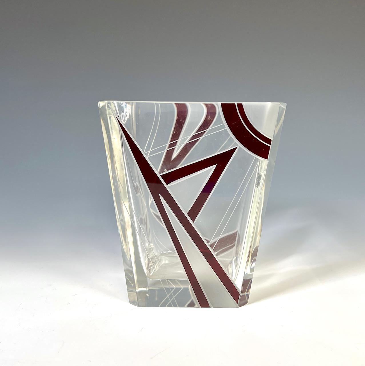 Czech Palda Art Deco Rectangular Vase with Red Enamel and Engraved Decoration For Sale
