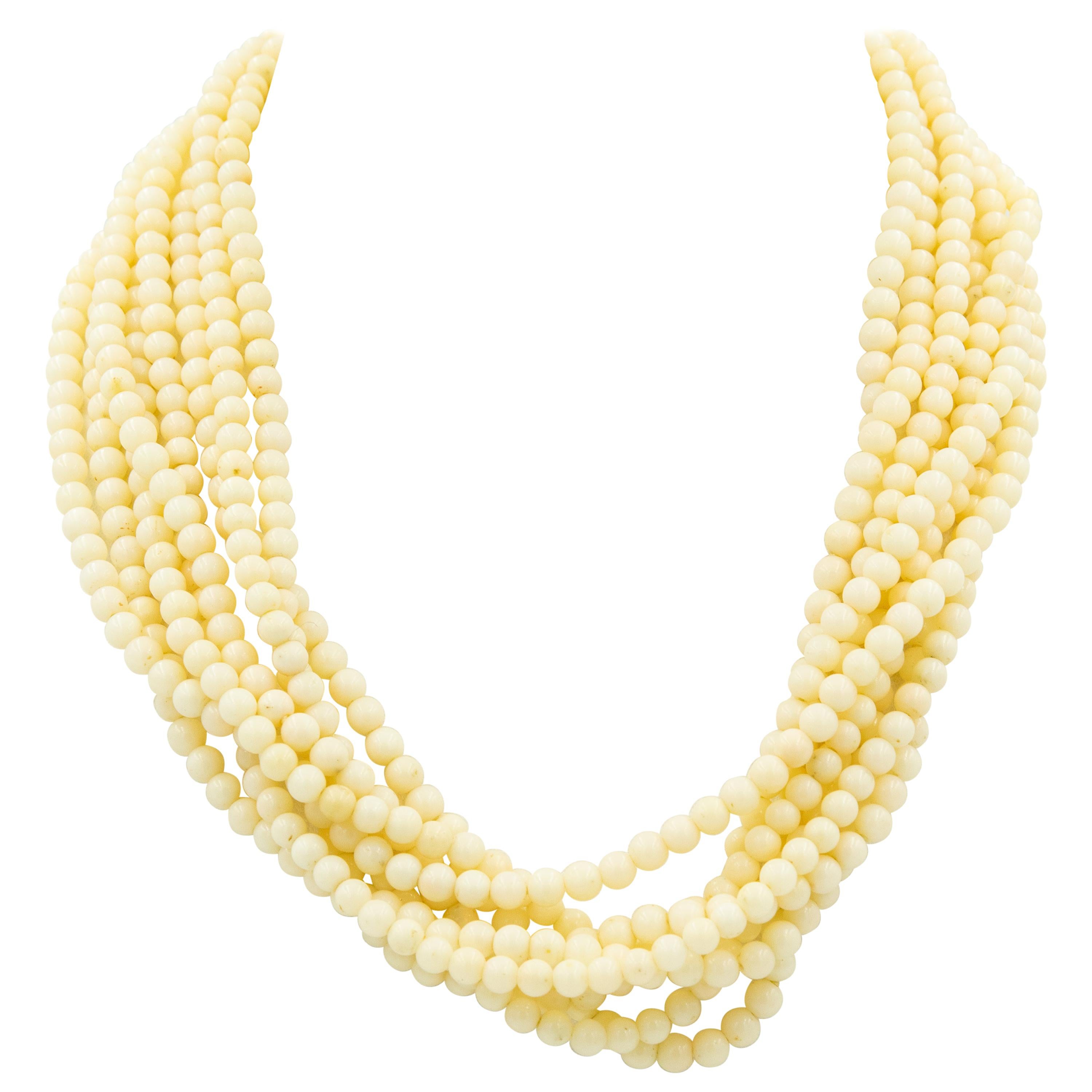 Pale 8-Strand Angel Skin Coral Bead Multi-Strand Necklace Gold Filagree Clasp