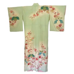 Pale Apple Green Fancy Japanese Silk Floral Kimono with gold - Imperfect