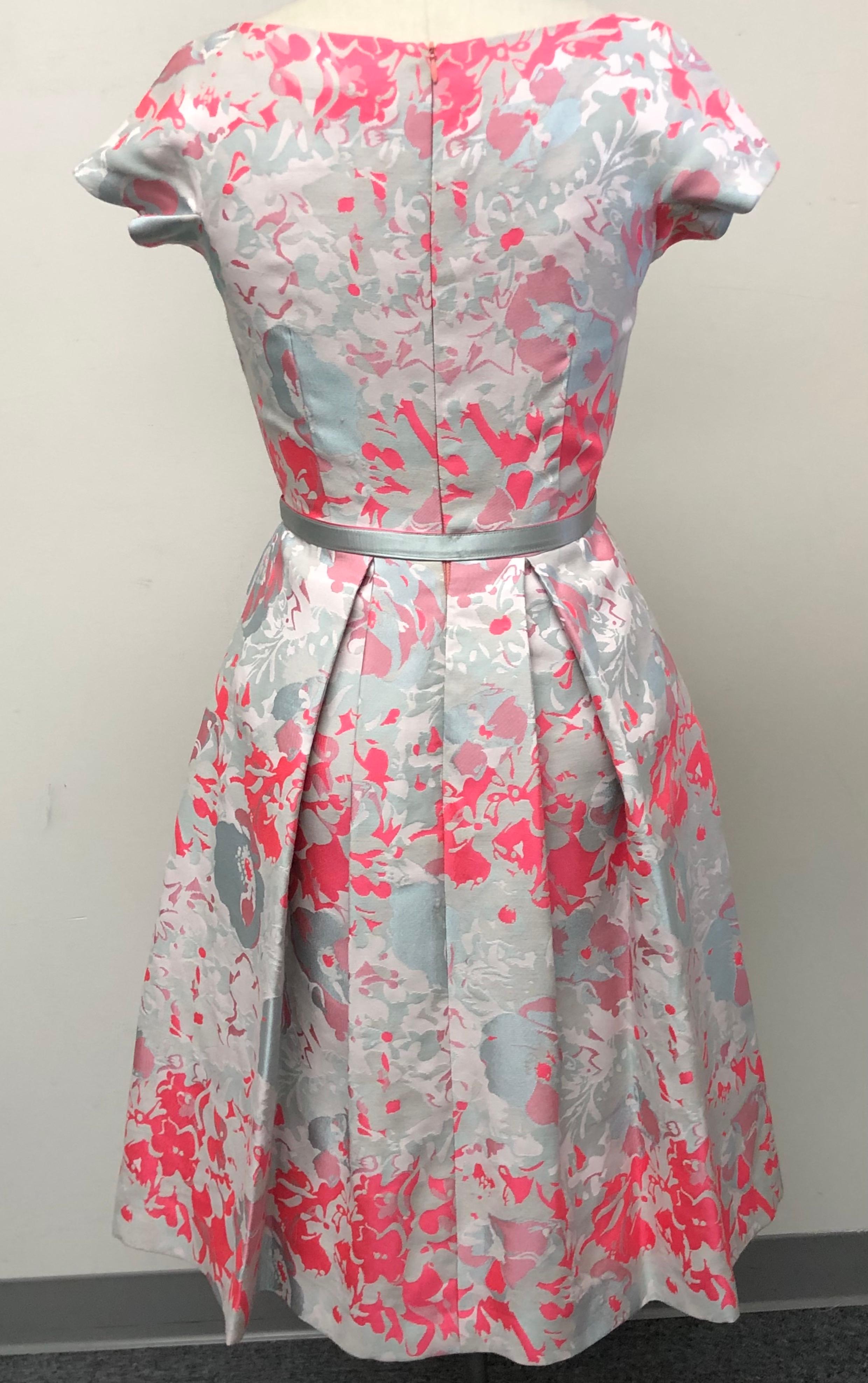 Pale Blue and Coral Abstract Floral Fit and Flare Cotton Pleated Dress with Belt For Sale 2