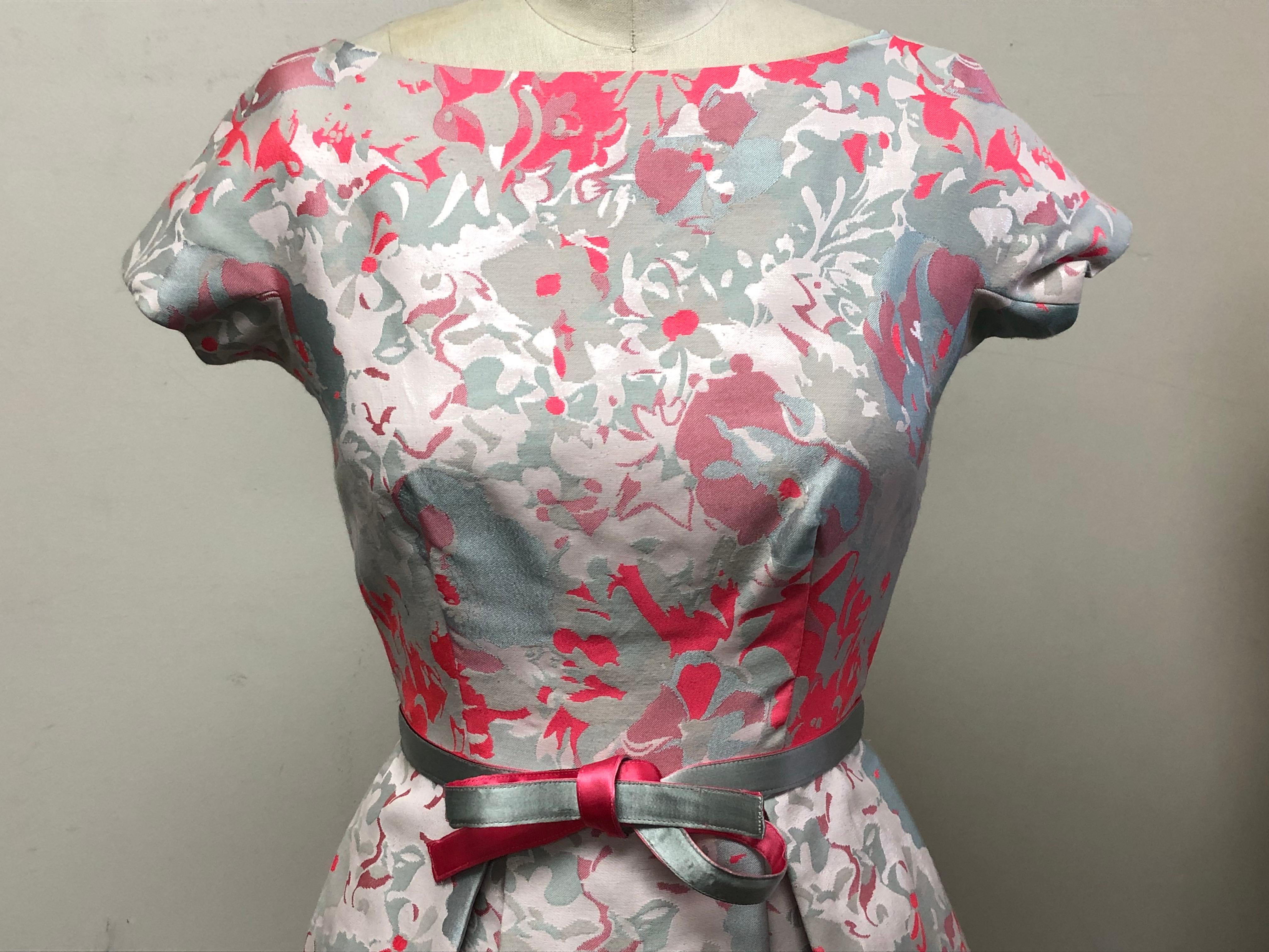 Pale Blue and Coral Abstract Floral Fit and Flare Cotton Pleated Dress with Belt For Sale 4