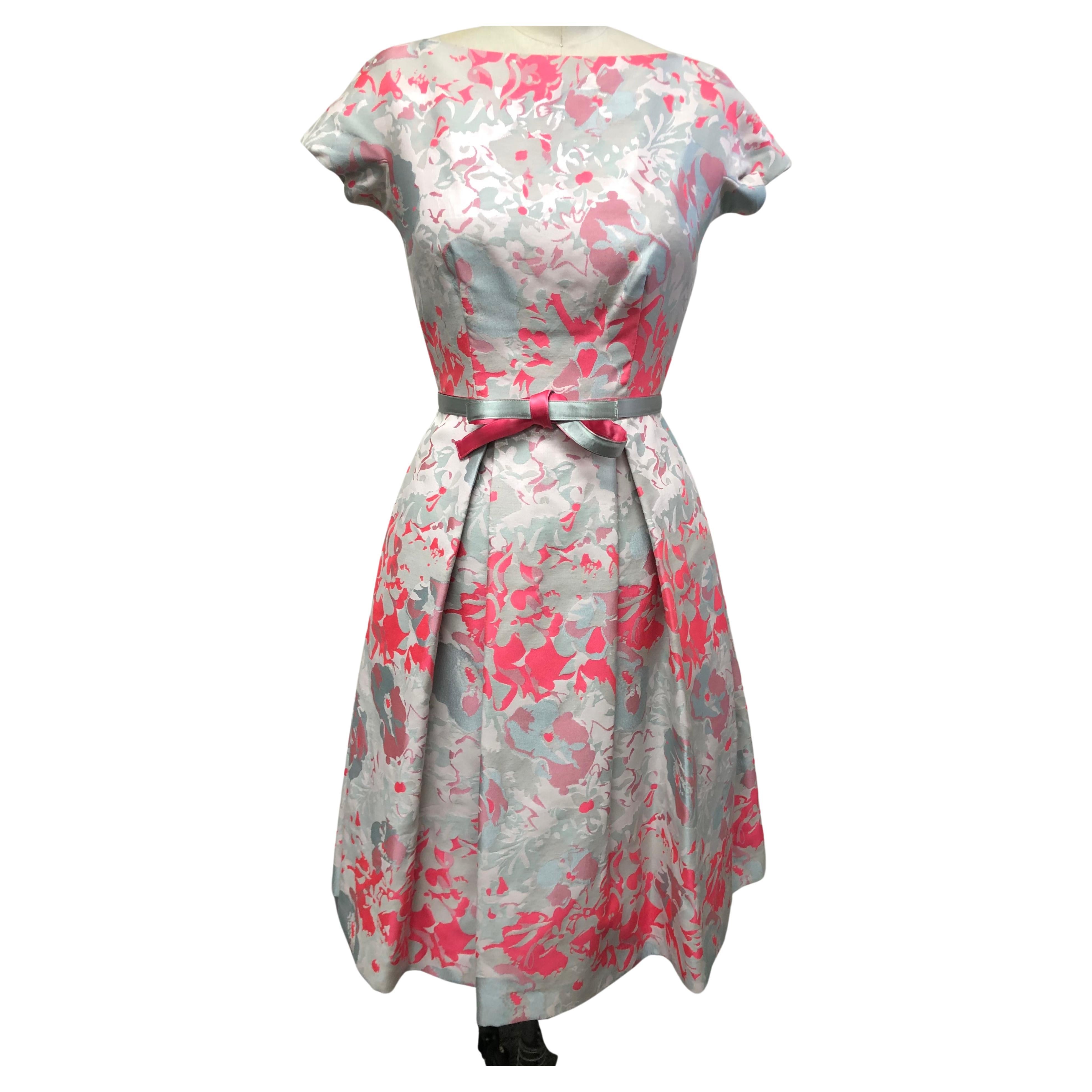 Pale Blue and Coral Abstract Floral Fit and Flare Cotton Pleated Dress with Belt For Sale