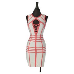 Pale blue and pink sleeveless bandage dress with laces HERVE LEGER