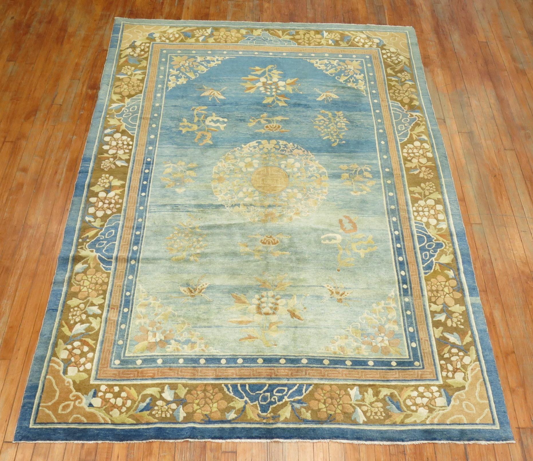 Hand-Woven Pale Blue Antique Chinese Rug For Sale