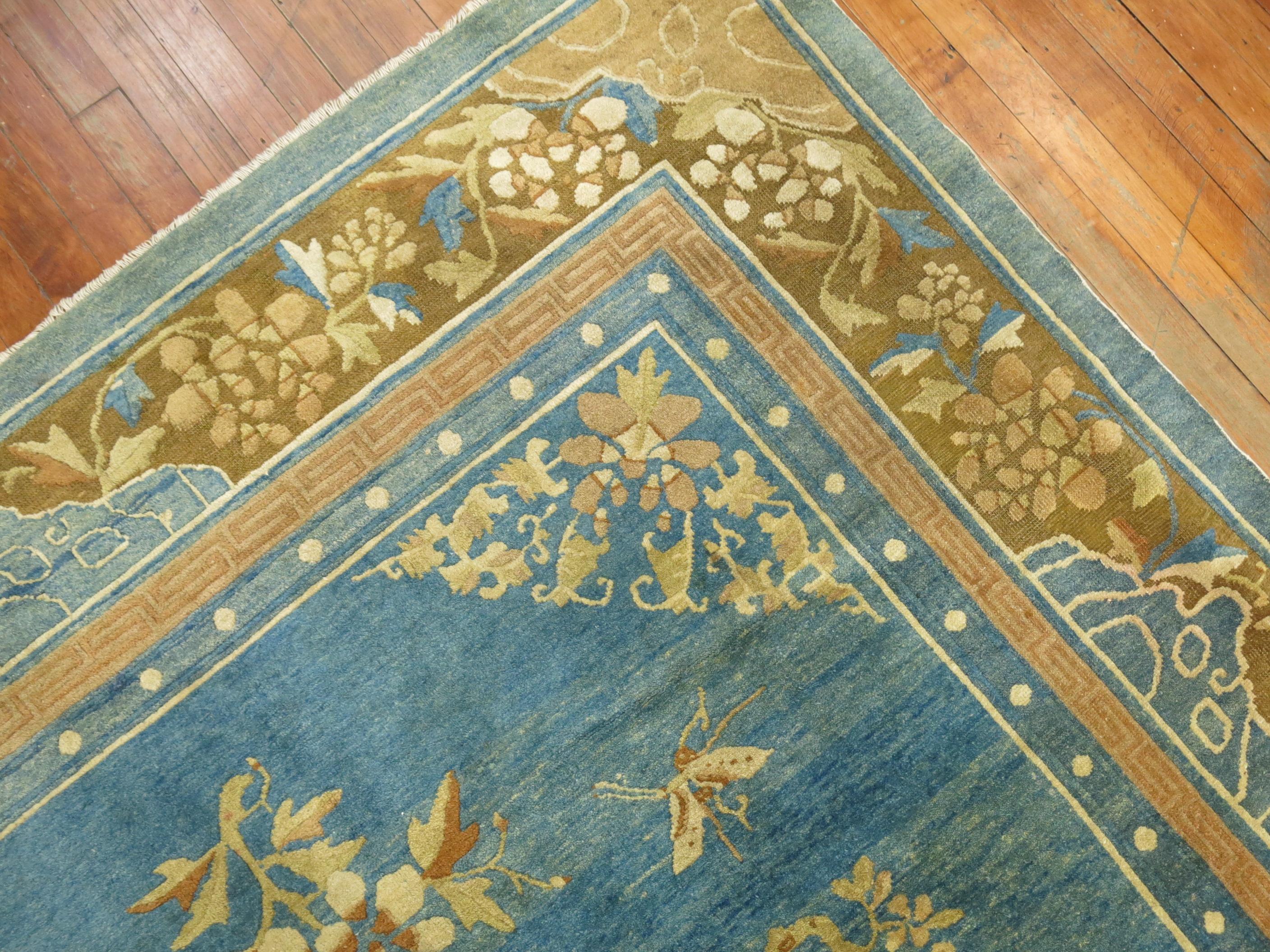 Wool Pale Blue Antique Chinese Rug For Sale