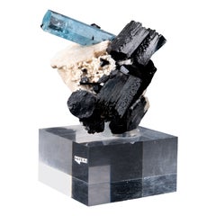 Pale-Blue Aquamarine Crystal on Feldspar and Black Tourmaline (Schorl) Matrix