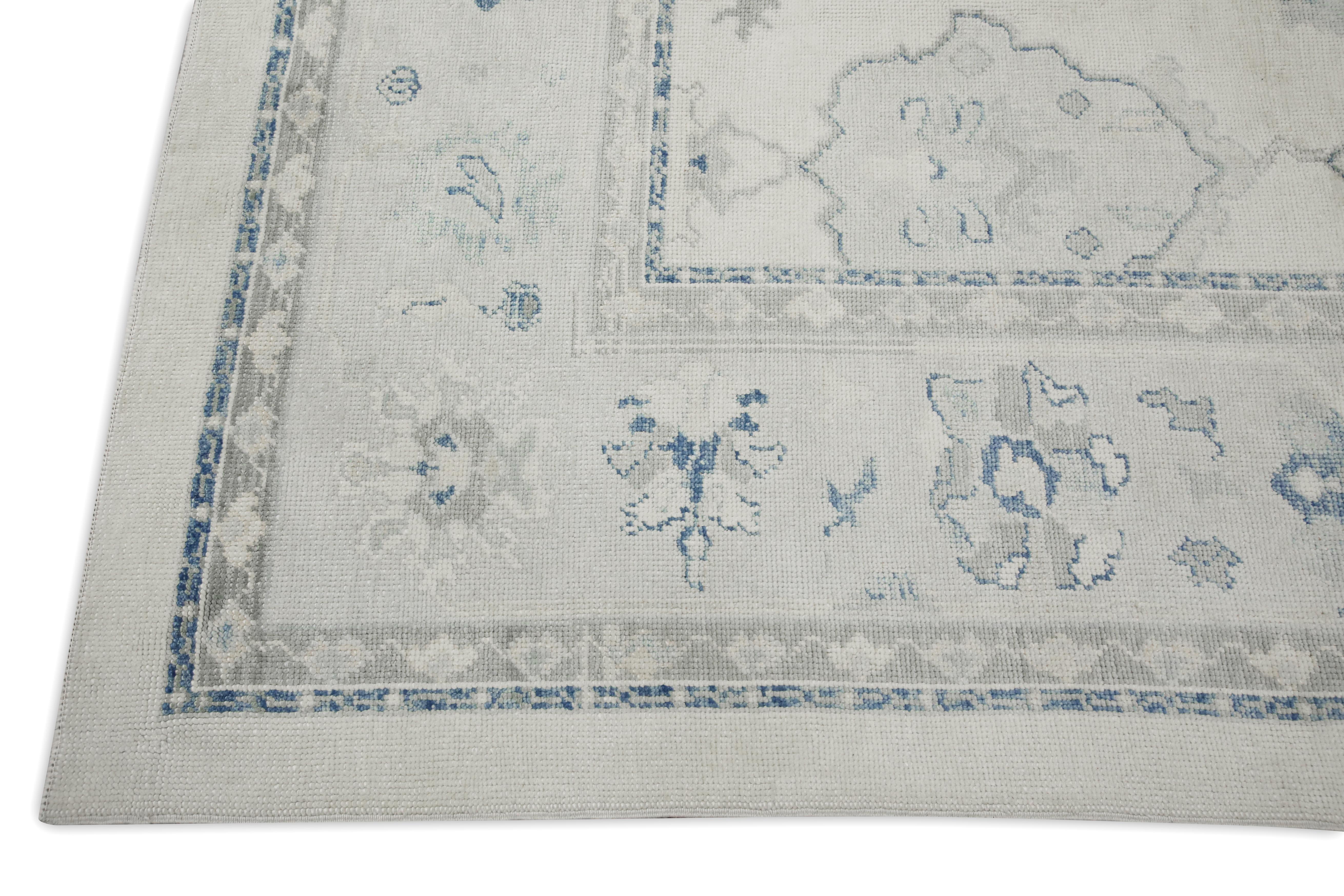 Hand-Woven Pale Blue & Beige Floral Design Handwoven Wool Turkish Oushak Rug 10'6