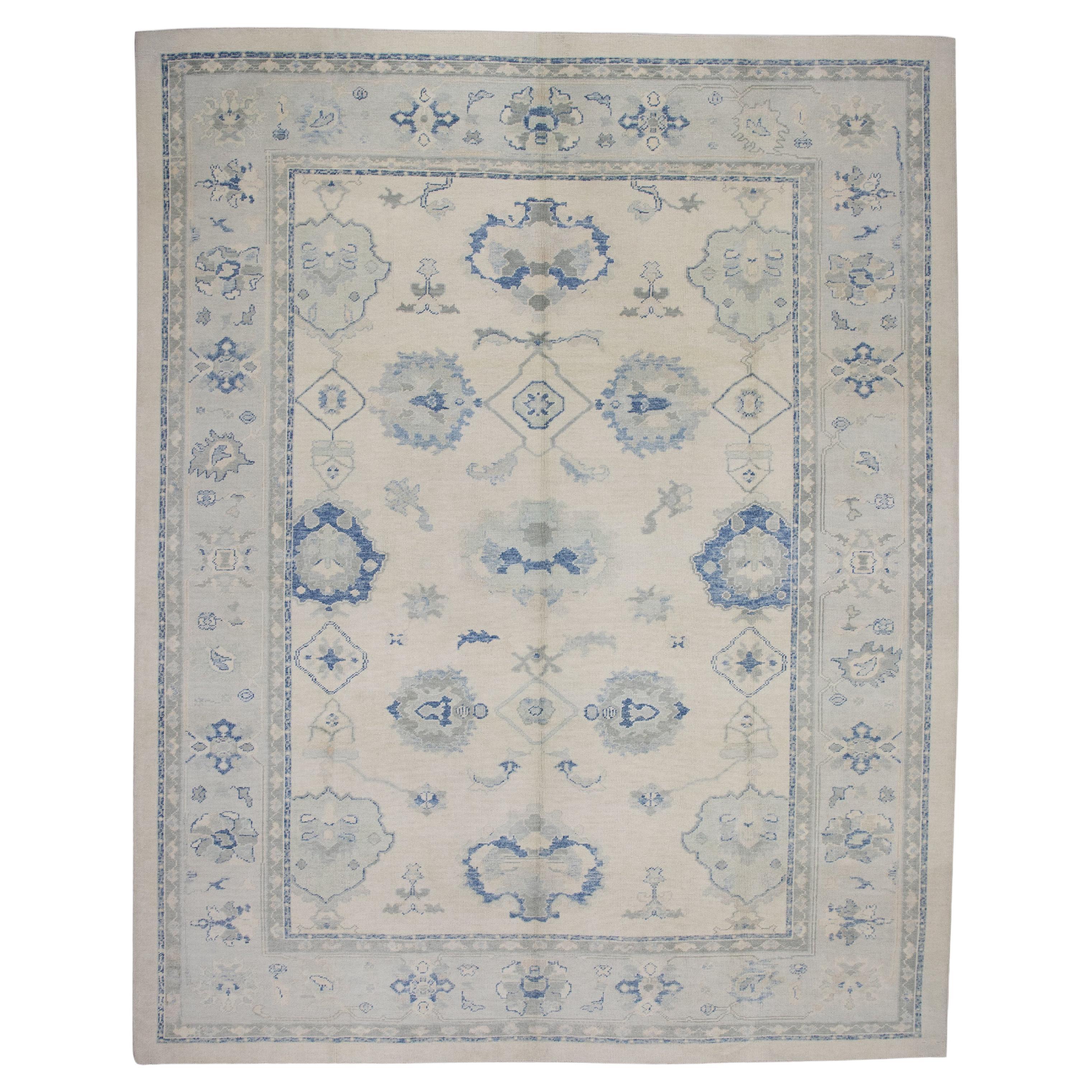 Pale Blue & Beige Floral Design Handwoven Wool Turkish Oushak Rug 10'6" X 13'6" For Sale