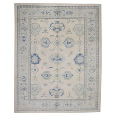 Pale Blue & Beige Floral Design Handwoven Wool Turkish Oushak Rug 10'6" X 13'6"