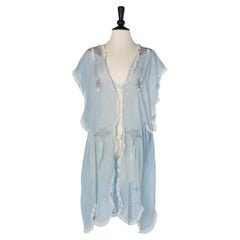 Pale blue cotton veil tunic with cotton threads embroideries and lace 1920's