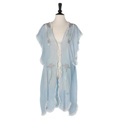 Pale blue cotton veil tunic with cotton threads embroideries and lace 1920's 