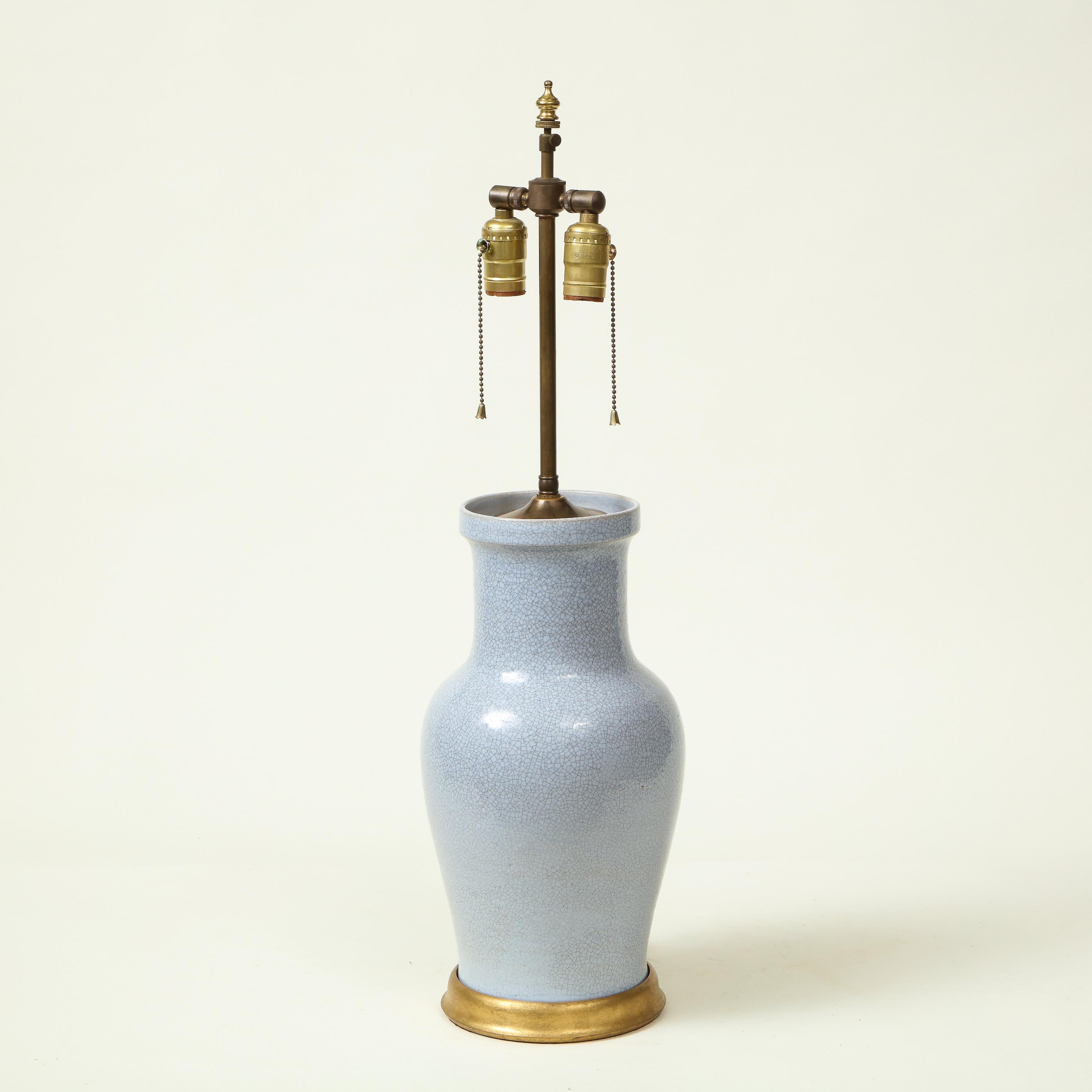Pale Blue Craquelure Ceramic Table Lamp In Good Condition For Sale In New York, NY