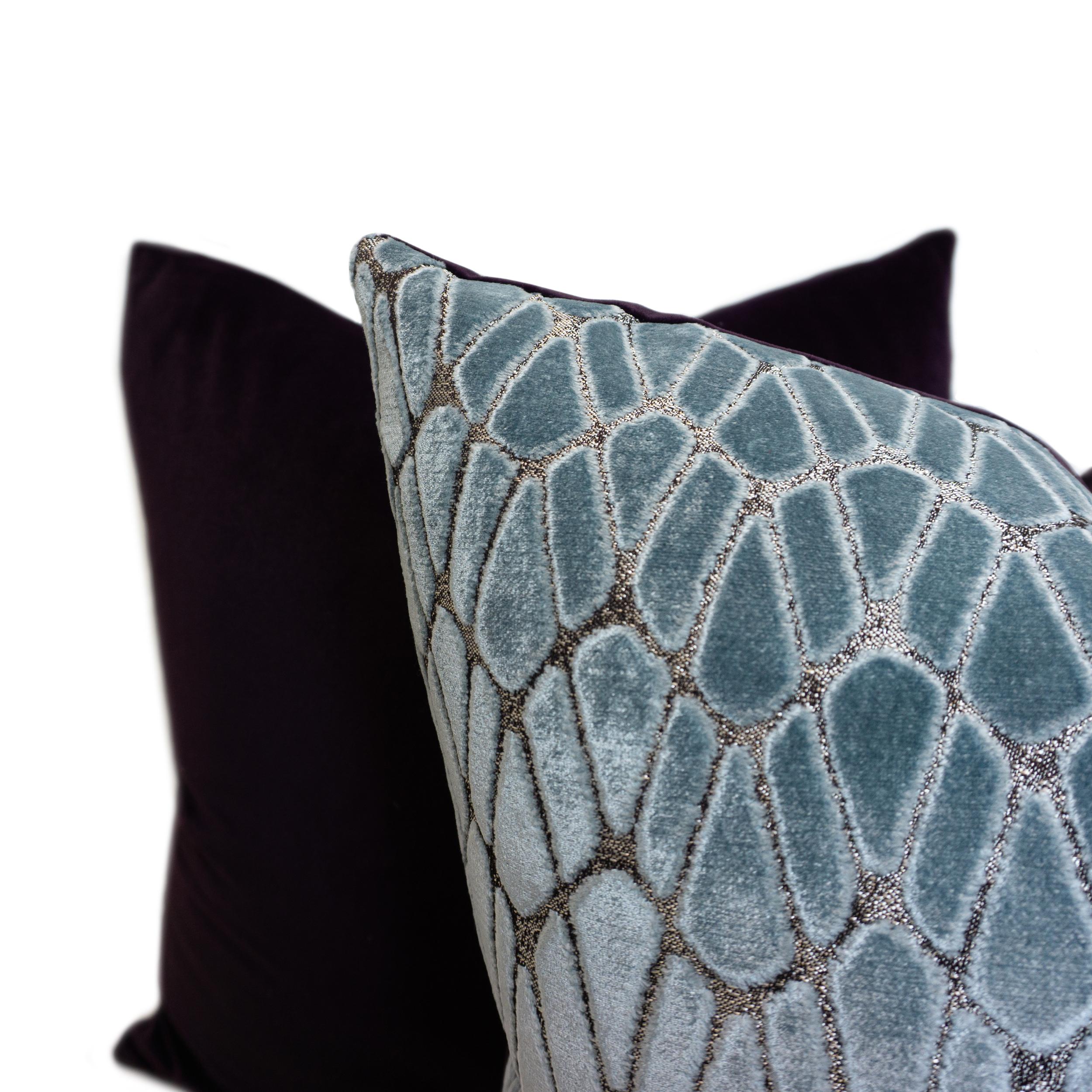 Pale Blue Cut Velvet Purple Velvet Square Pillows In New Condition For Sale In Greenwich, CT